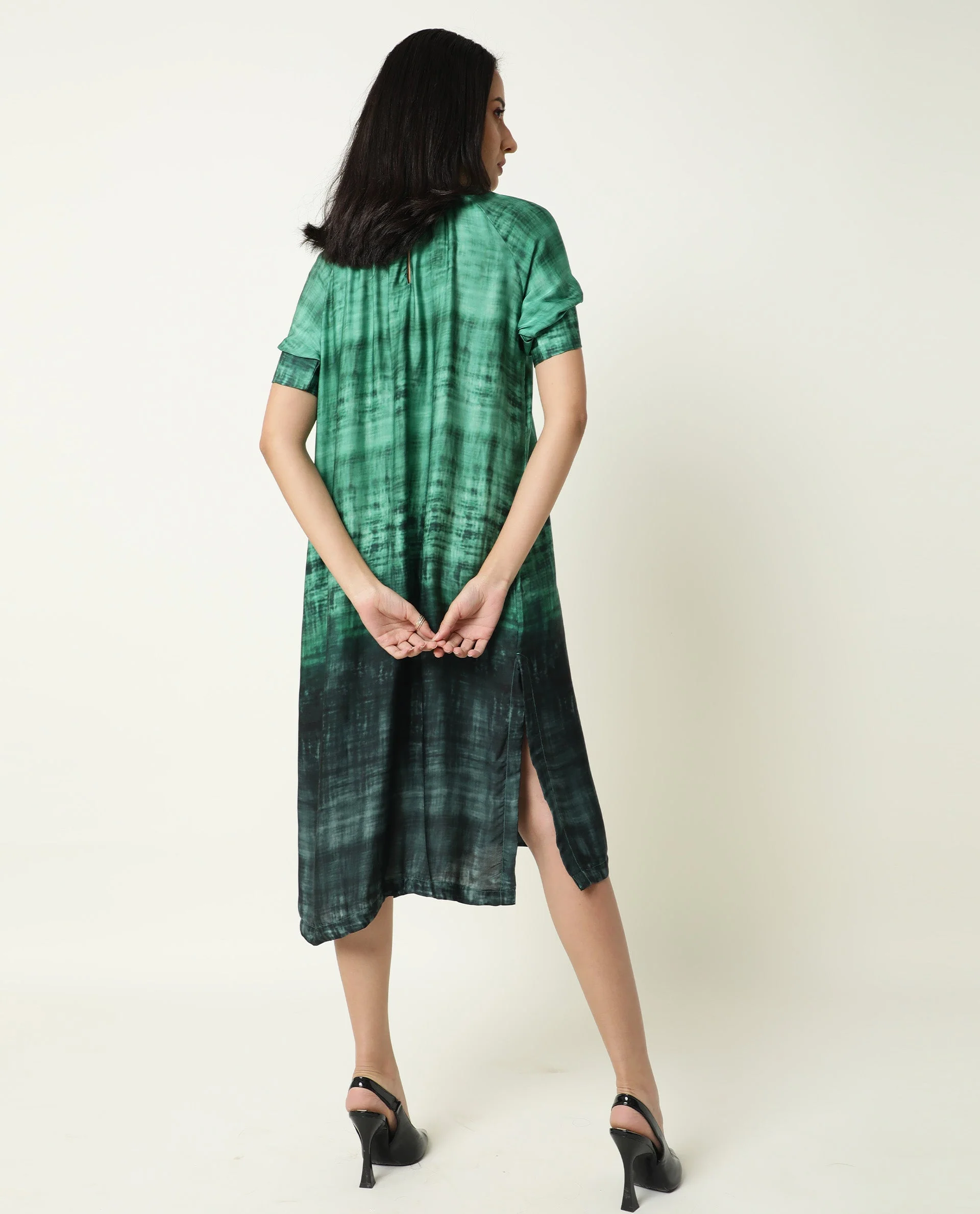 Rareism Women's Split Green Modal Blend High Neck Ombre Puff Sleeves Midi Flared Dress - Image 5