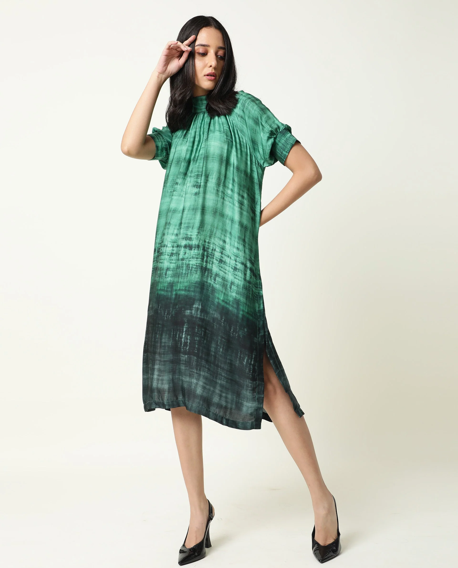 Rareism Women's Split Green Modal Blend High Neck Ombre Puff Sleeves Midi Flared Dress - Image 6