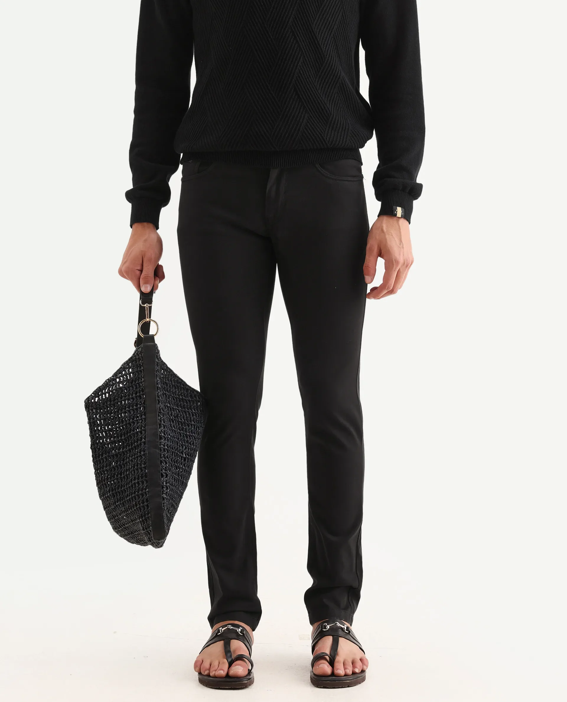 Rare Rabbit Men's Spoke-22 Black Cotton Plain Regular Fit Trouser - Image 2