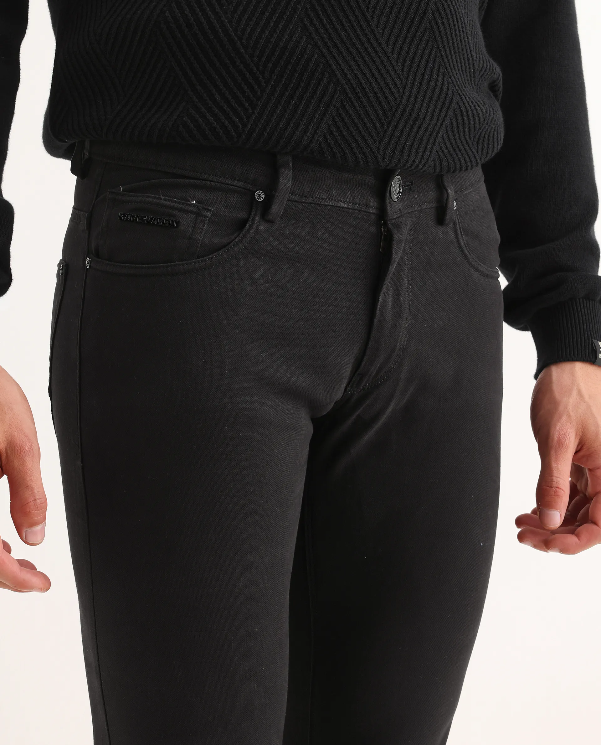 Rare Rabbit Men's Spoke-22 Black Cotton Plain Regular Fit Trouser - Image 3