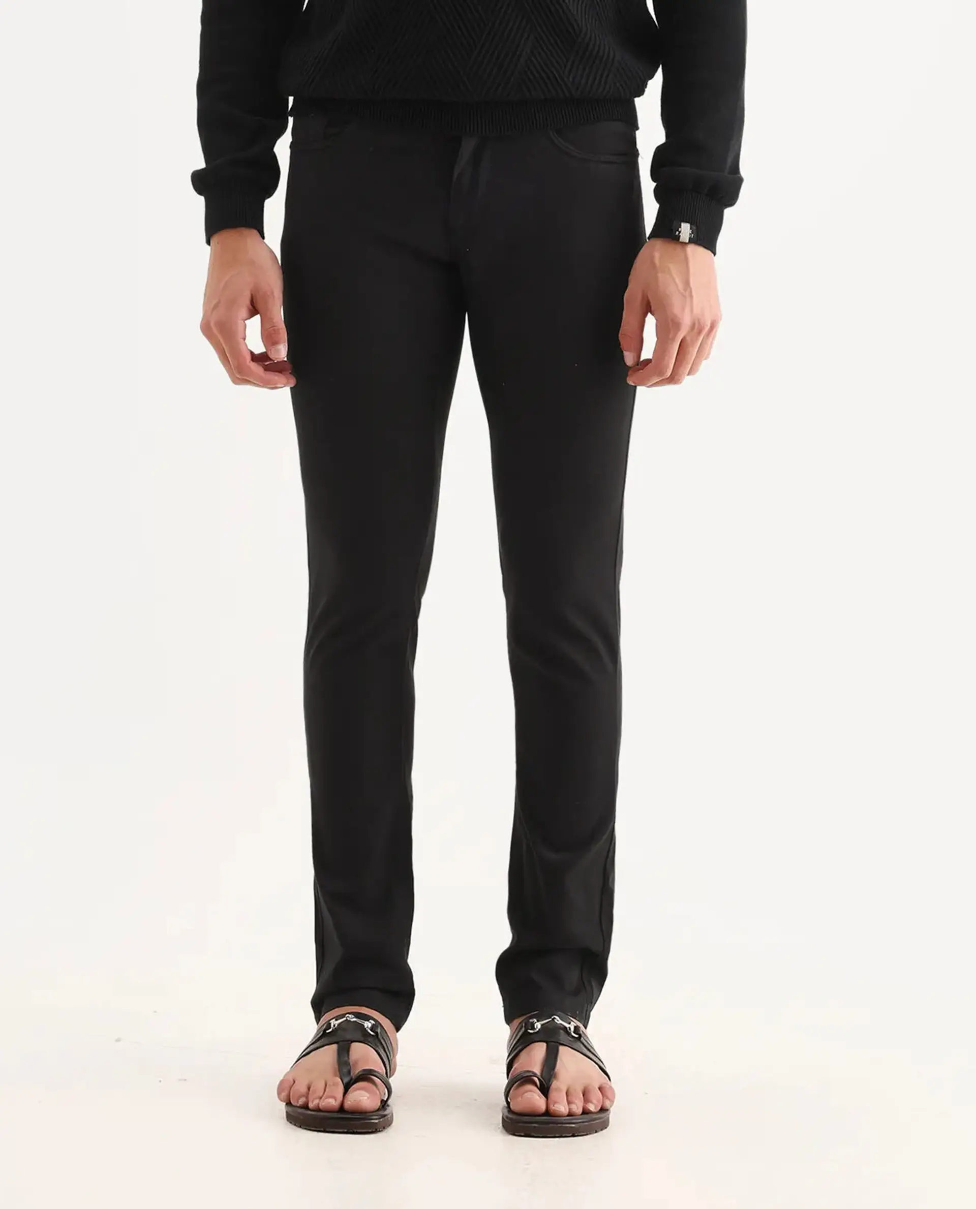 Rare Rabbit Men's Spoke-22 Black Cotton Plain Regular Fit Trouser - Image 8