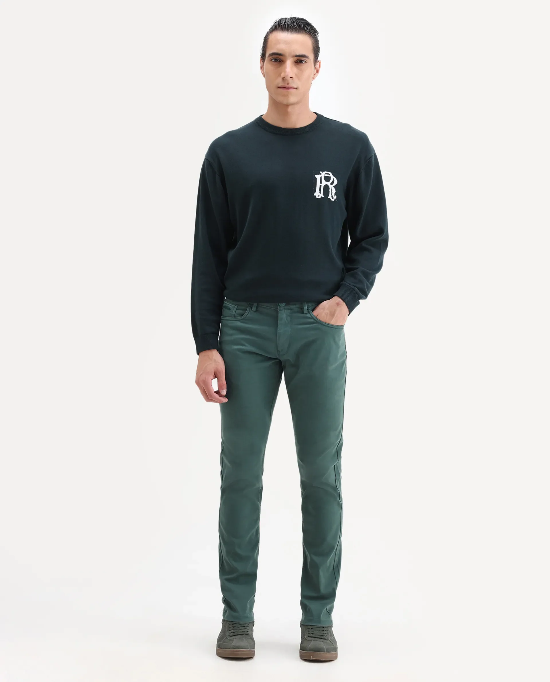 Rare Rabbit Men's Spoke-22 Green Cotton Plain Regular Fit Trouser - Image 4