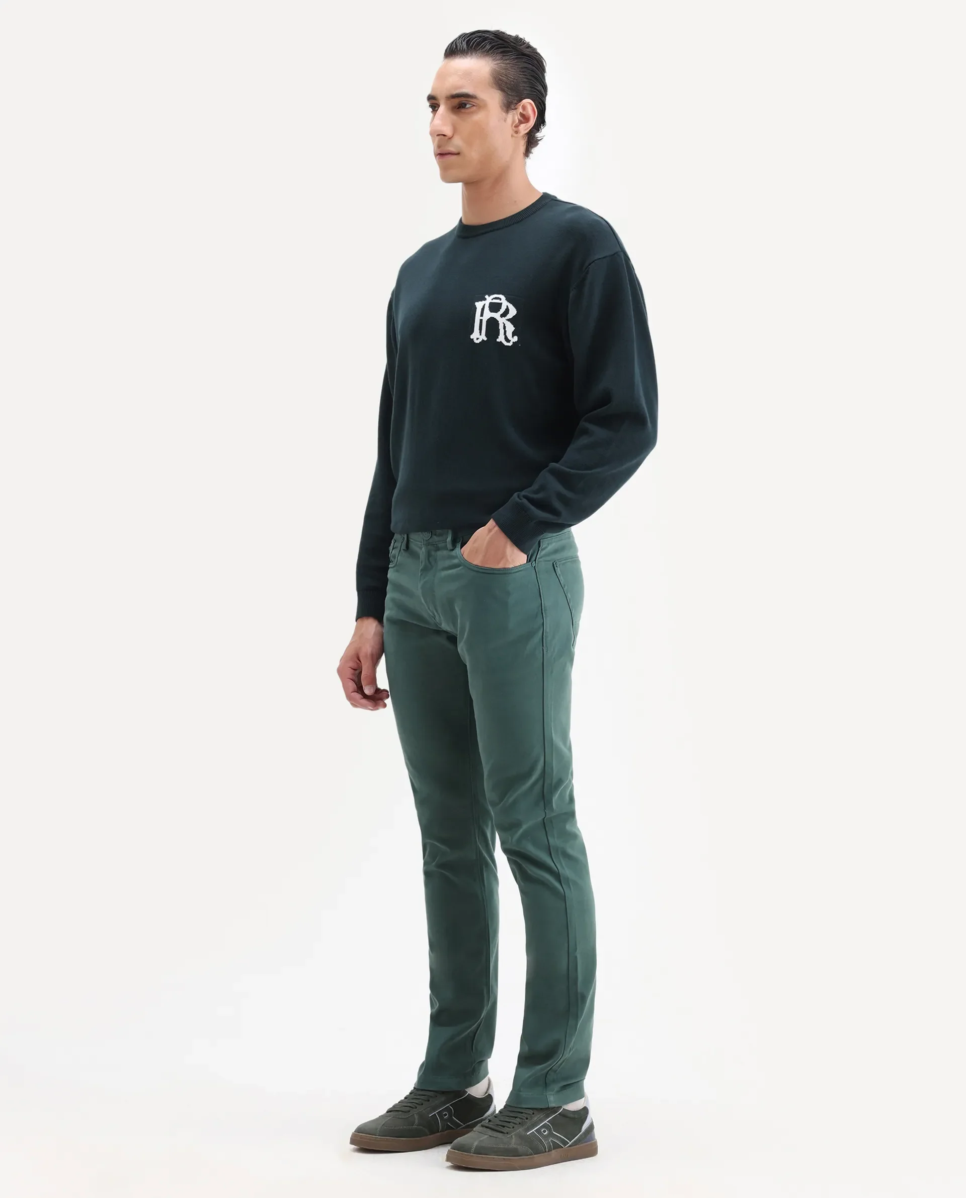 Rare Rabbit Men's Spoke-22 Green Cotton Plain Regular Fit Trouser - Image 5
