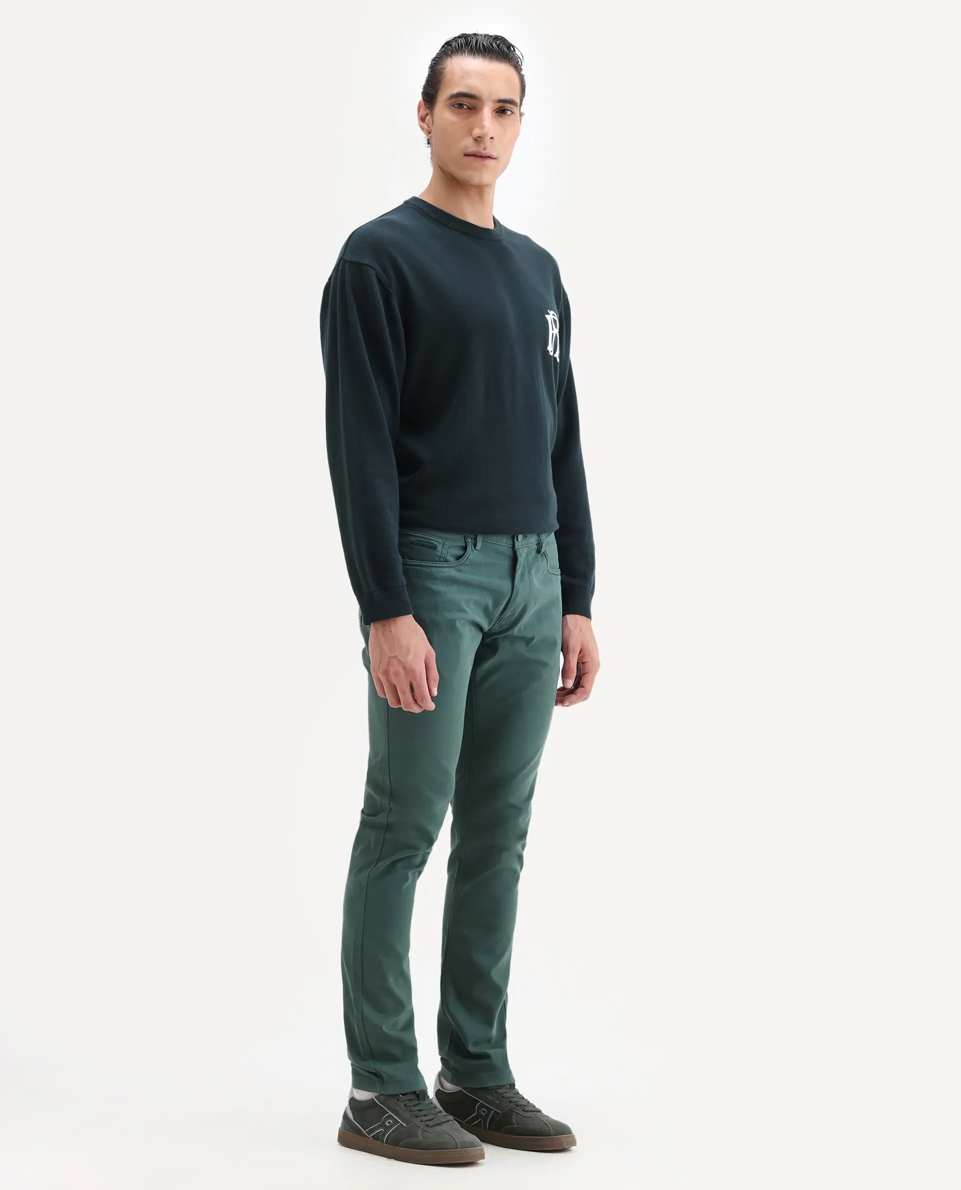 Rare Rabbit Men's Spoke-22 Green Cotton Plain Regular Fit Trouser - Image 6