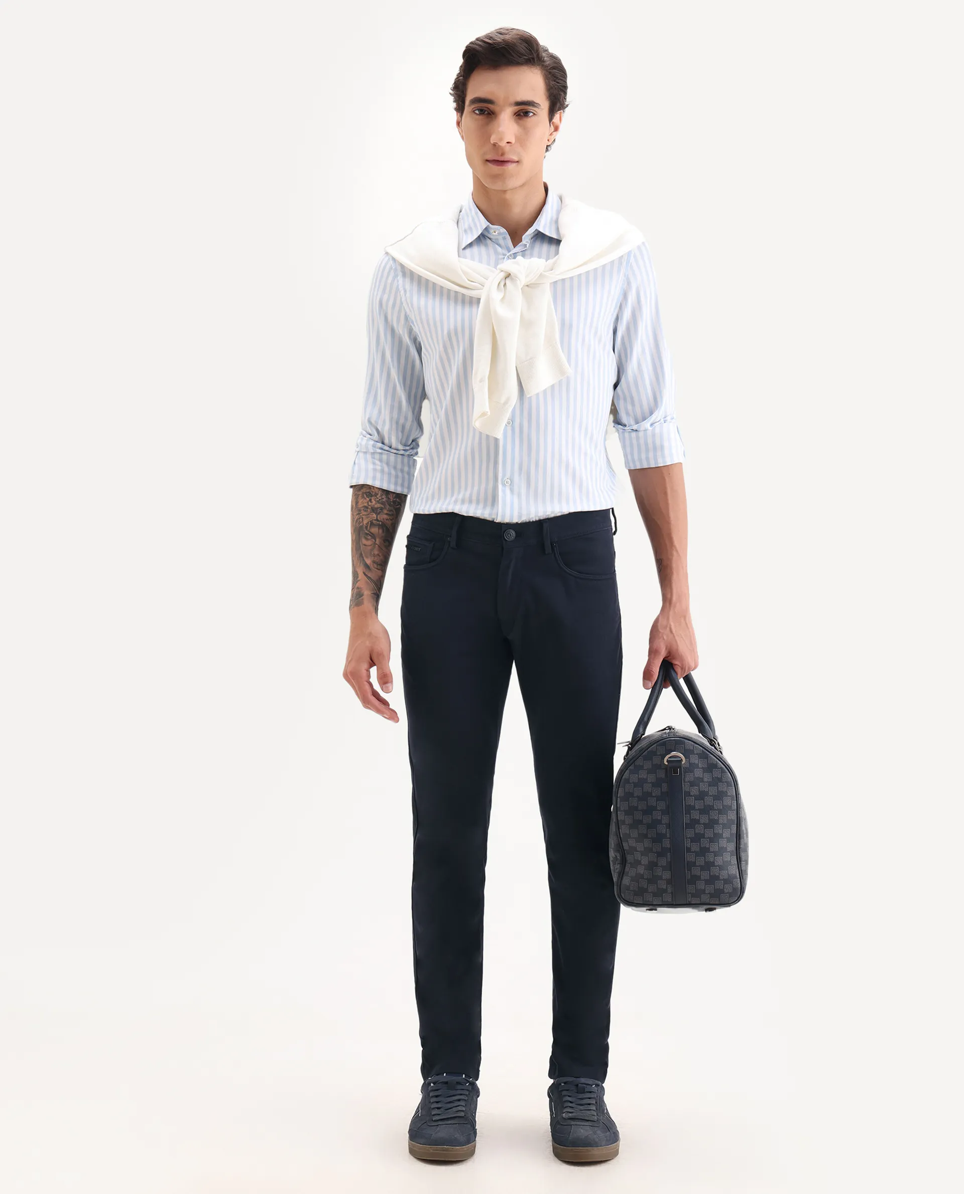 Rare Rabbit Men's Spoke-22 Navy Cotton Plain Regular Fit Trouser
