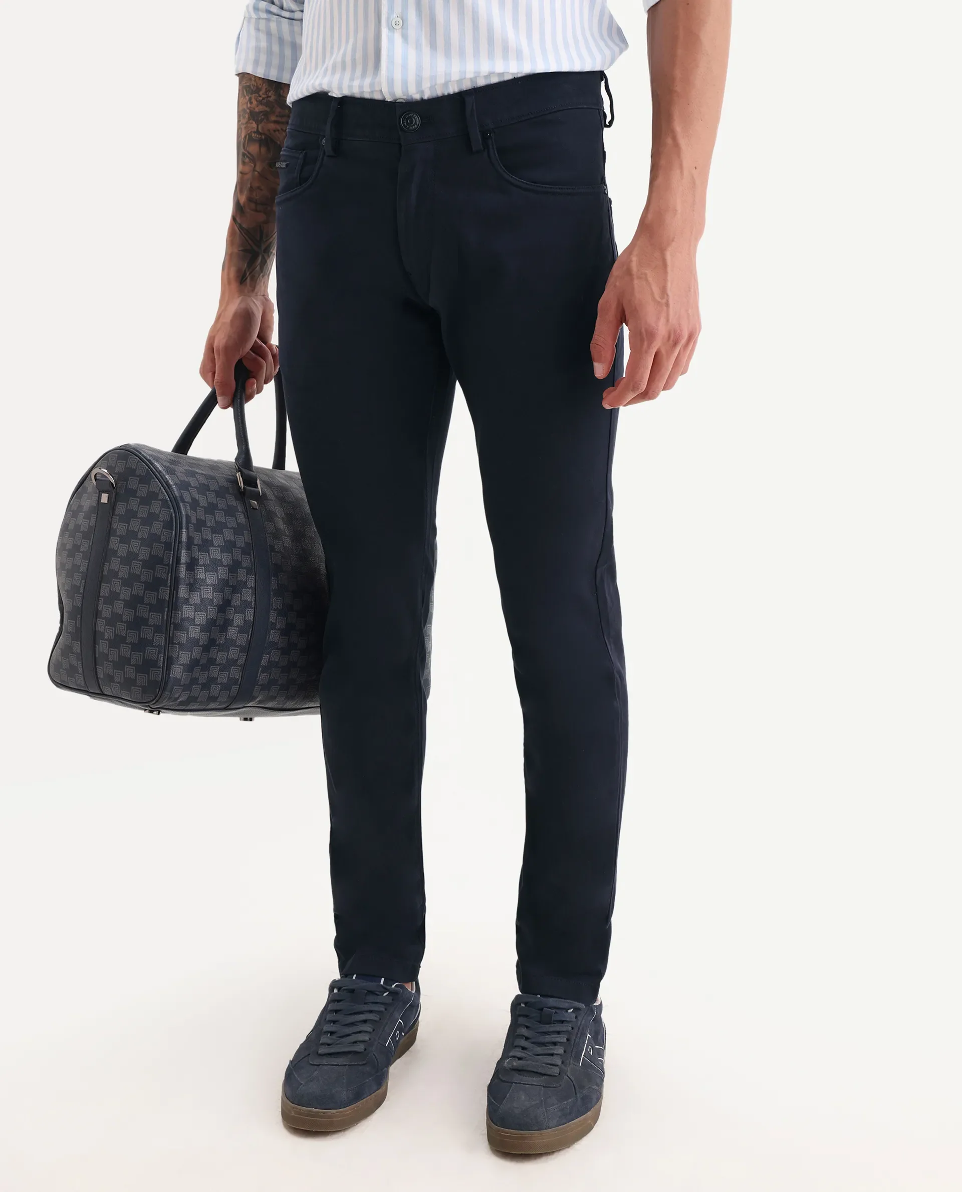 Rare Rabbit Men's Spoke-22 Navy Cotton Plain Regular Fit Trouser - Image 2