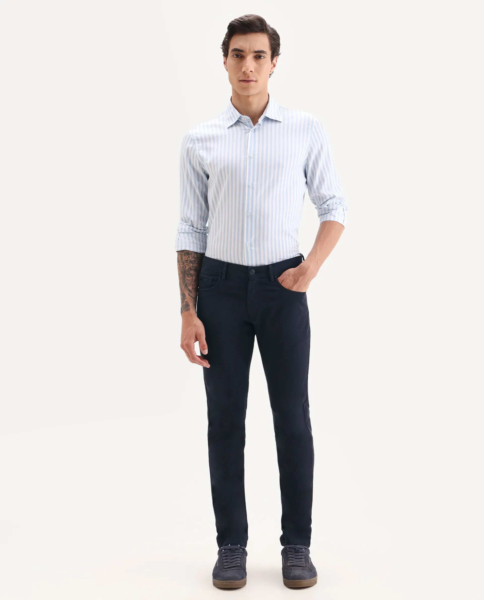 Rare Rabbit Men's Spoke-22 Navy Cotton Plain Regular Fit Trouser - Image 3