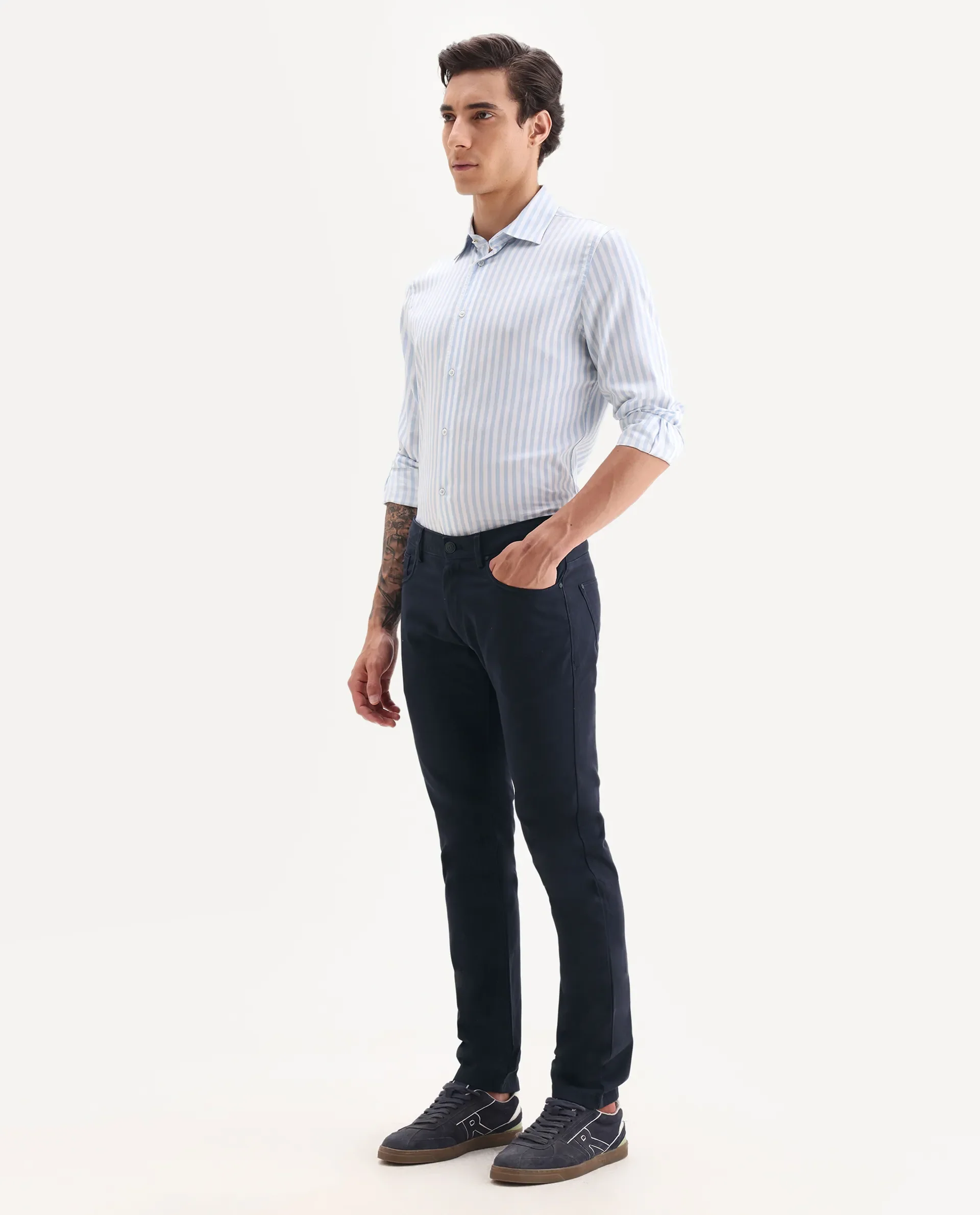 Rare Rabbit Men's Spoke-22 Navy Cotton Plain Regular Fit Trouser - Image 4