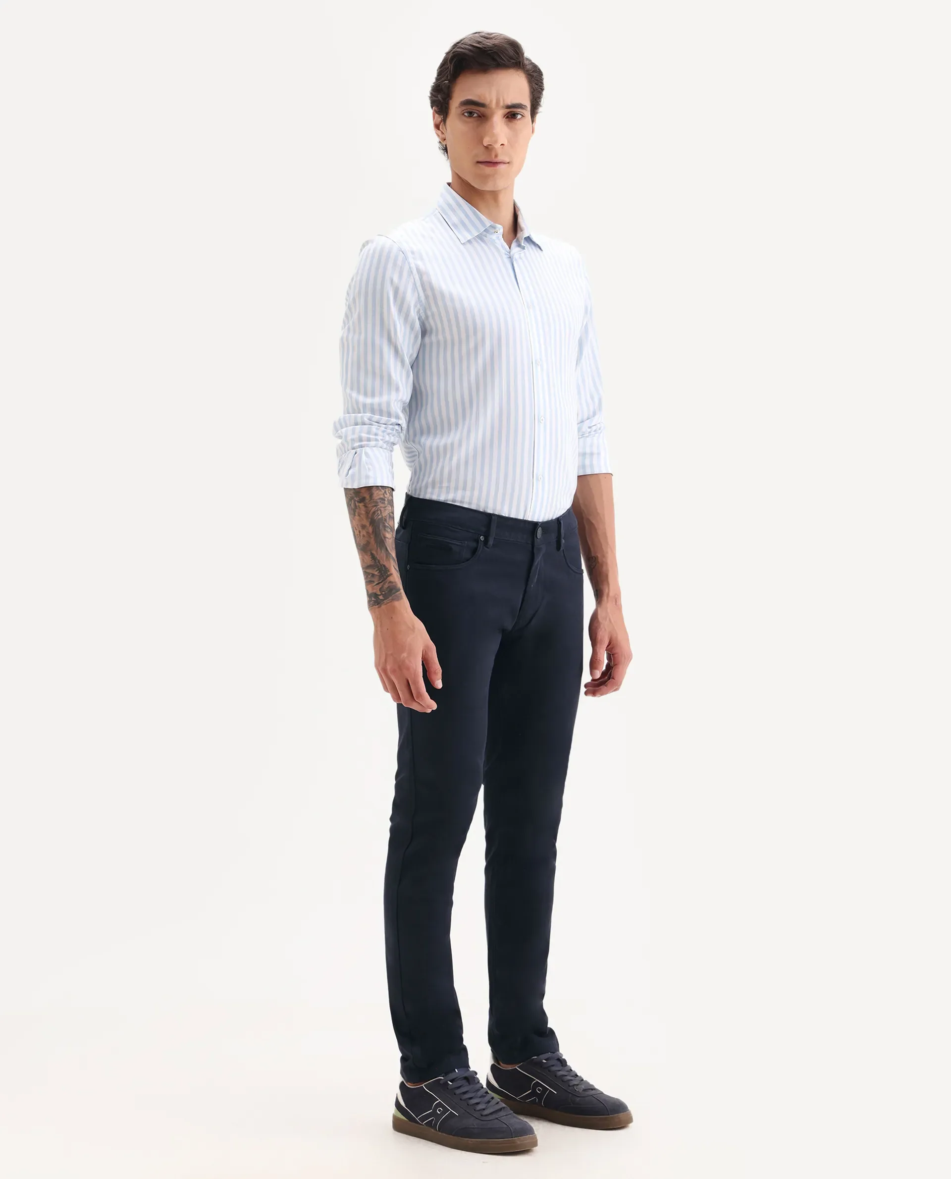 Rare Rabbit Men's Spoke-22 Navy Cotton Plain Regular Fit Trouser - Image 6