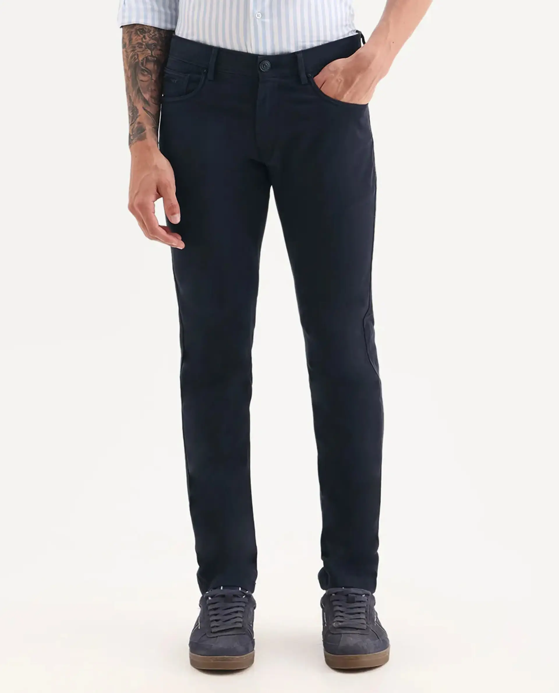 Rare Rabbit Men's Spoke-22 Navy Cotton Plain Regular Fit Trouser - Image 8