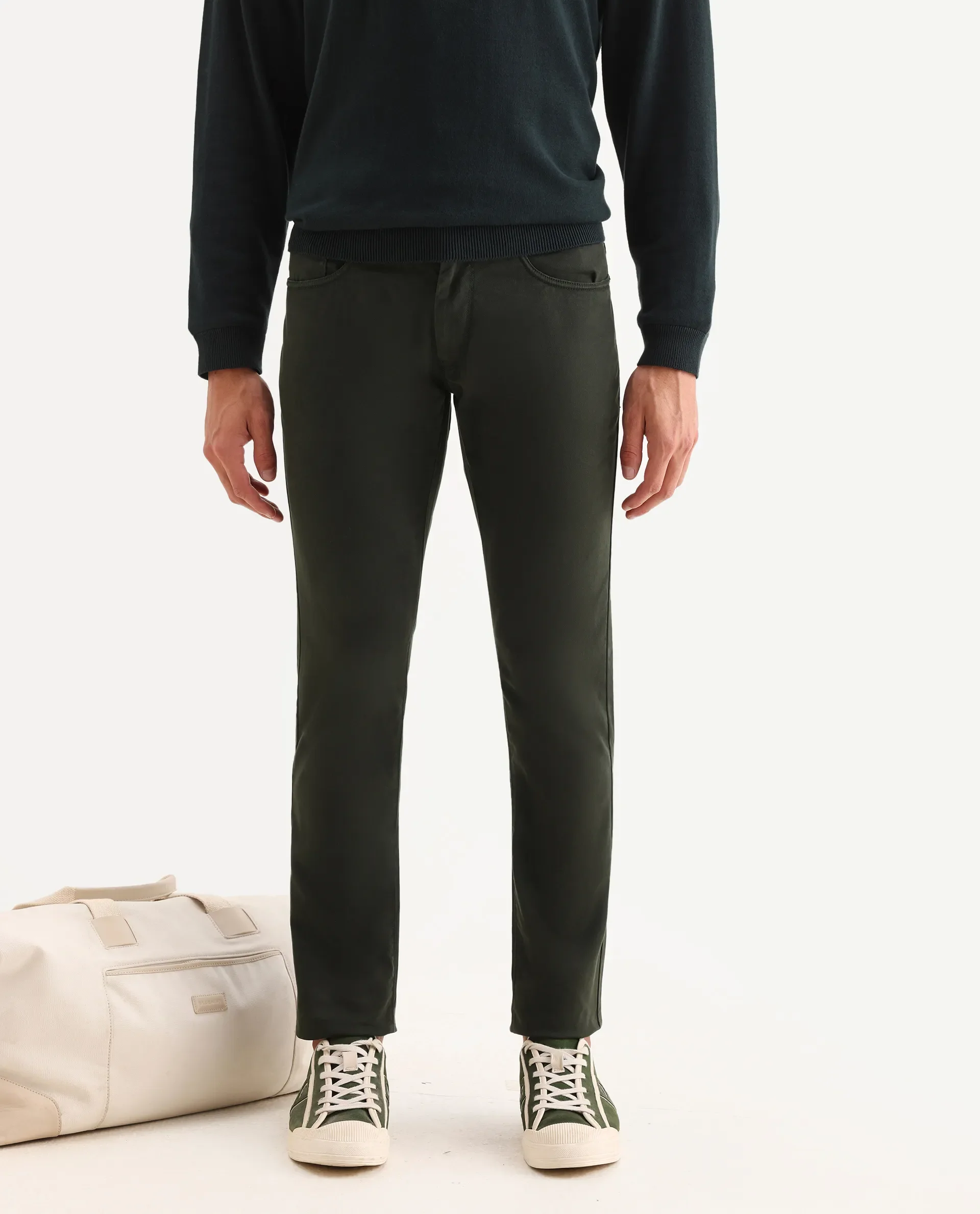 Rare Rabbit Men's Spoke-22 Olive Cotton Plain Regular Fit Trouser - Image 2