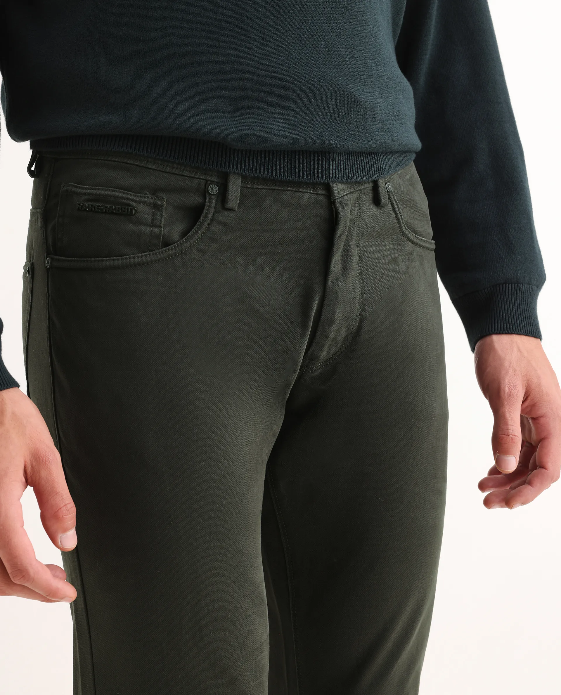 Rare Rabbit Men's Spoke-22 Olive Cotton Plain Regular Fit Trouser - Image 3