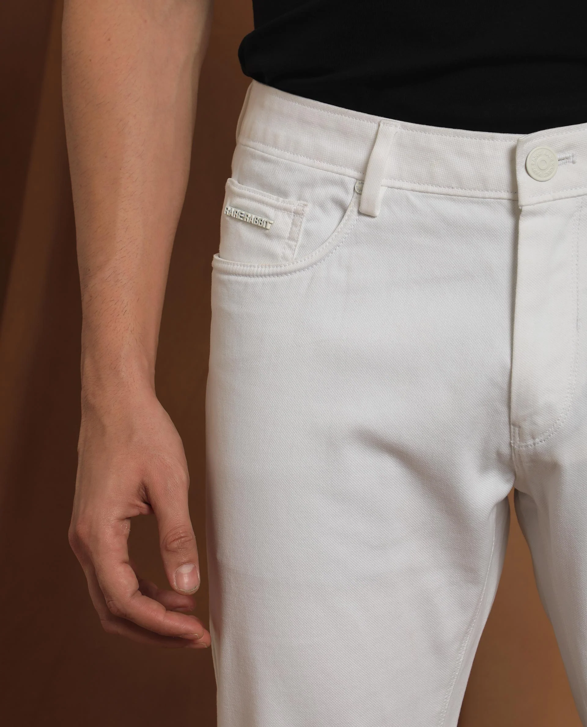 Rare Rabbit Men's Spoke-22 White Cotton Plain Regular Fit Trouser - Image 3