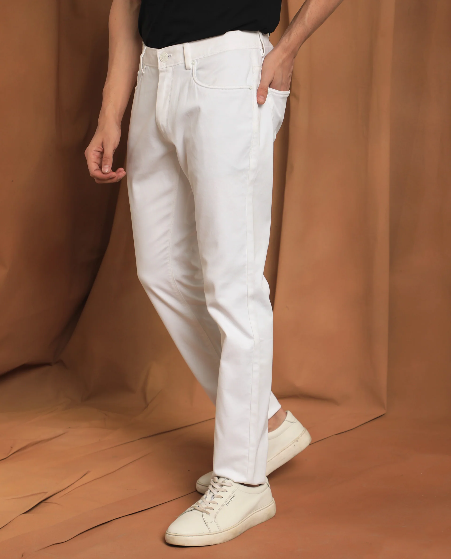 Rare Rabbit Men's Spoke-22 White Cotton Plain Regular Fit Trouser - Image 5