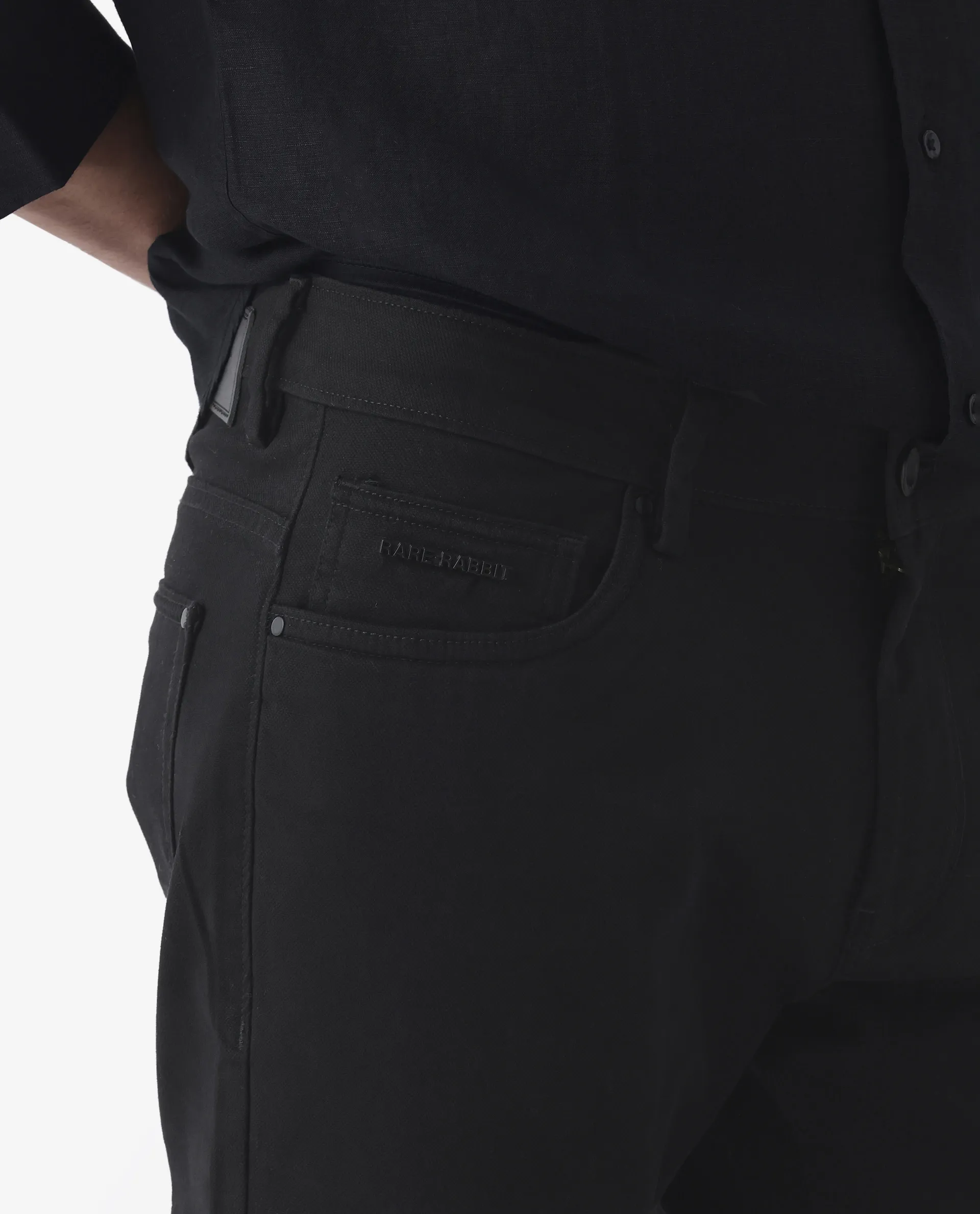 Rare Rabbit Men's Spoke 24 Black Cotton Blend Plain Regular Fit Trouser - Image 3