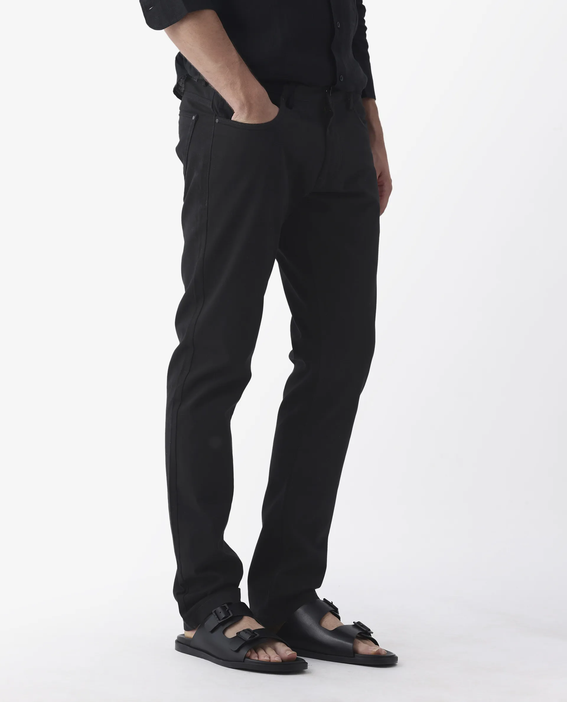 Rare Rabbit Men's Spoke 24 Black Cotton Blend Plain Regular Fit Trouser - Image 5
