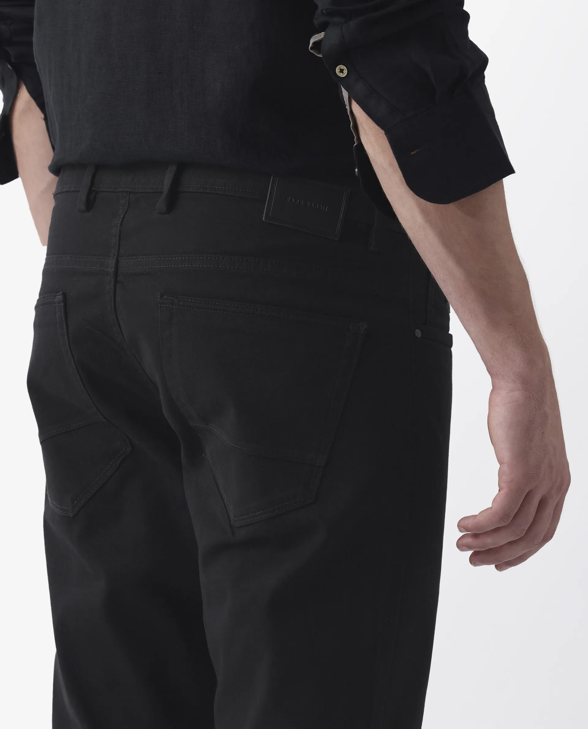 Rare Rabbit Men's Spoke 24 Black Cotton Blend Plain Regular Fit Trouser - Image 6