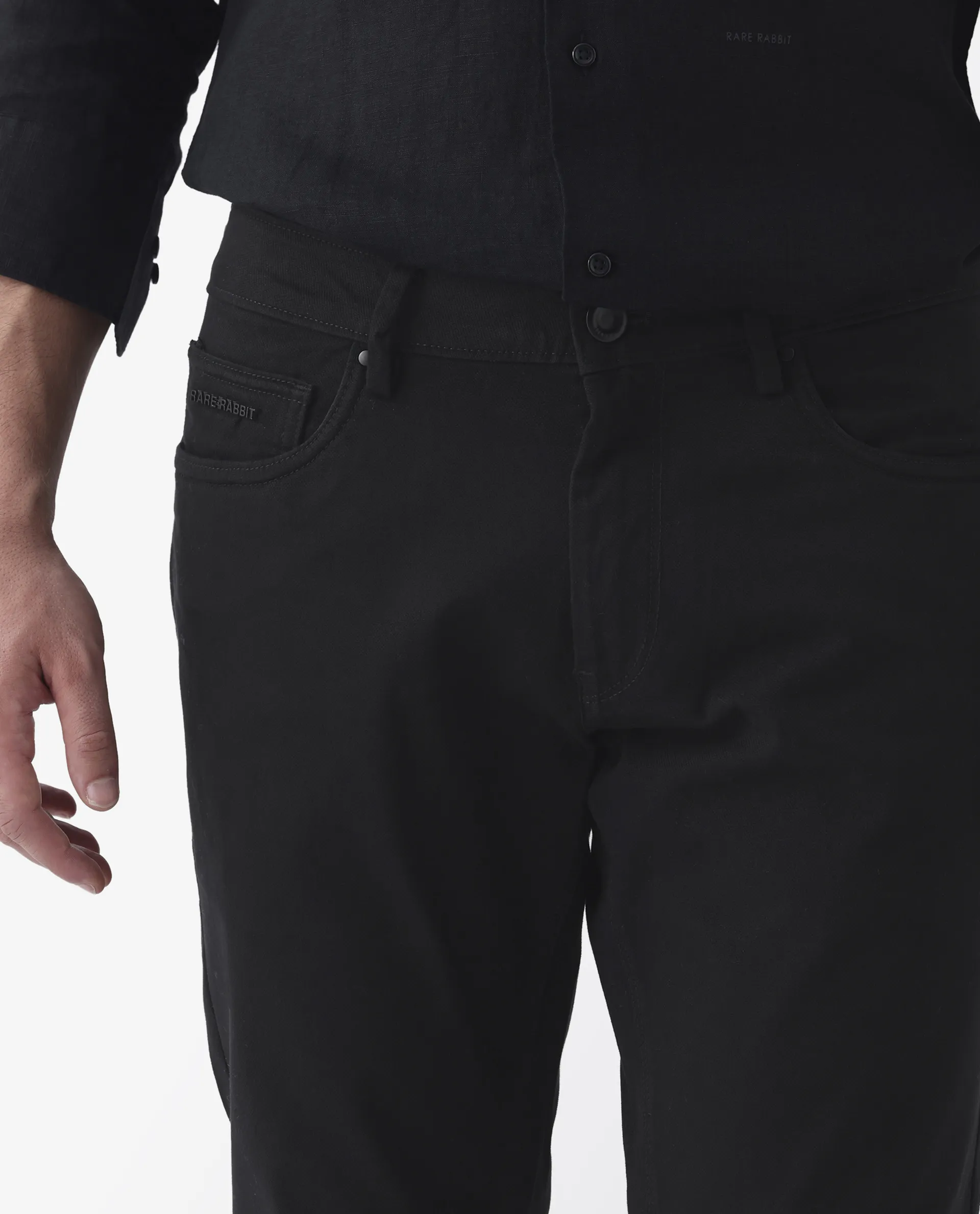Rare Rabbit Men's Spoke 24 Black Cotton Blend Plain Regular Fit Trouser - Image 7