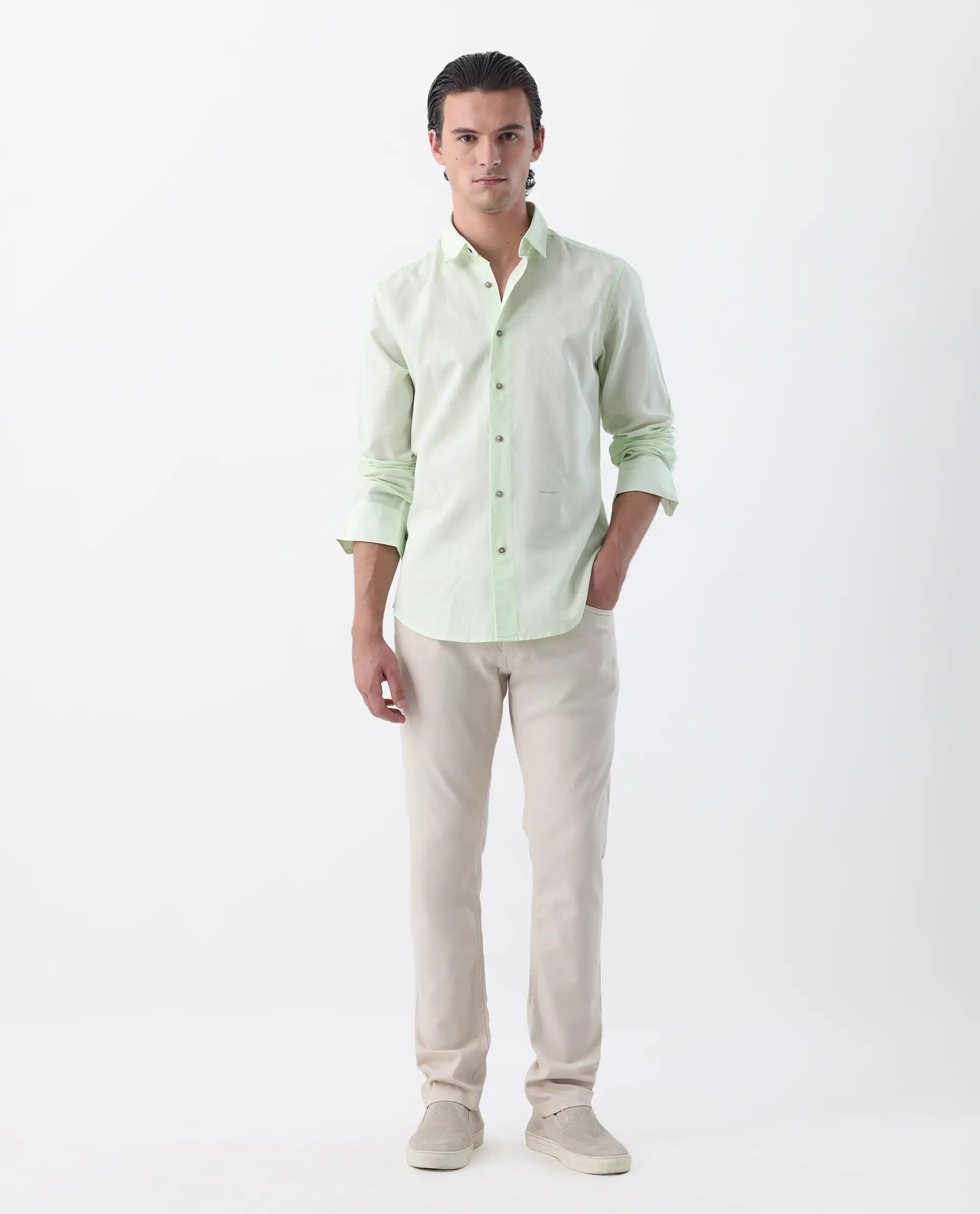 Rare Rabbit Men's Spoke 24 Light Beige Cotton Blend Plain Regular Fit Trouser