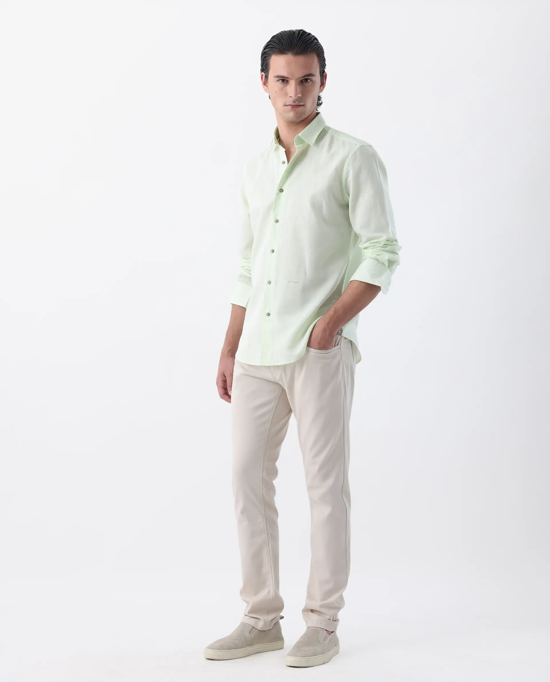 Rare Rabbit Men's Spoke 24 Light Beige Cotton Blend Plain Regular Fit Trouser - Image 2