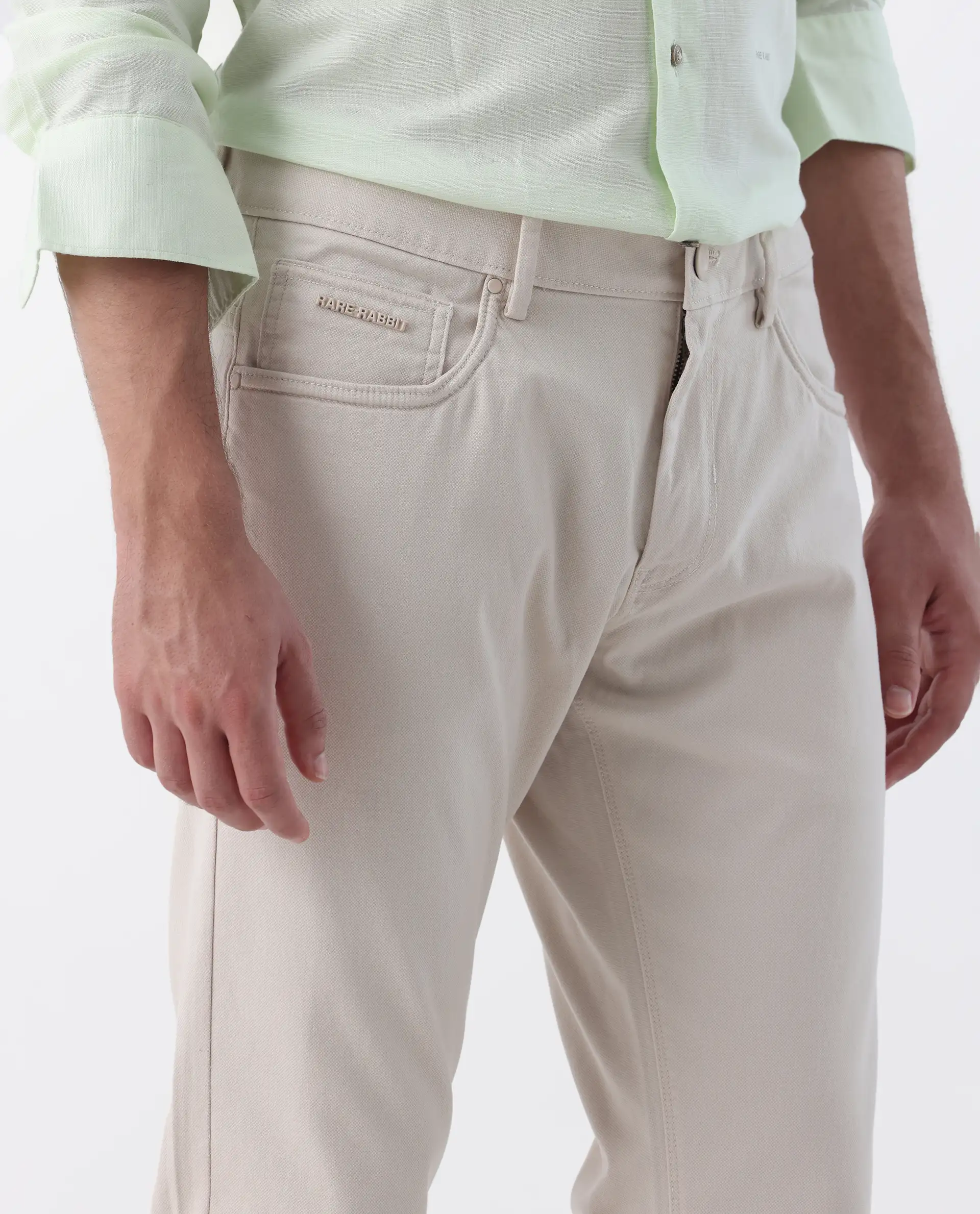 Rare Rabbit Men's Spoke 24 Light Beige Cotton Blend Plain Regular Fit Trouser - Image 3