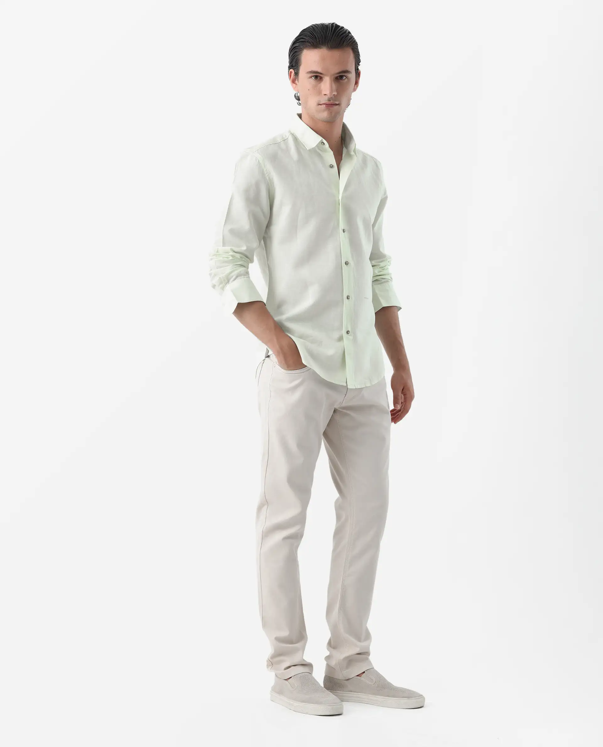 Rare Rabbit Men's Spoke 24 Light Beige Cotton Blend Plain Regular Fit Trouser - Image 5