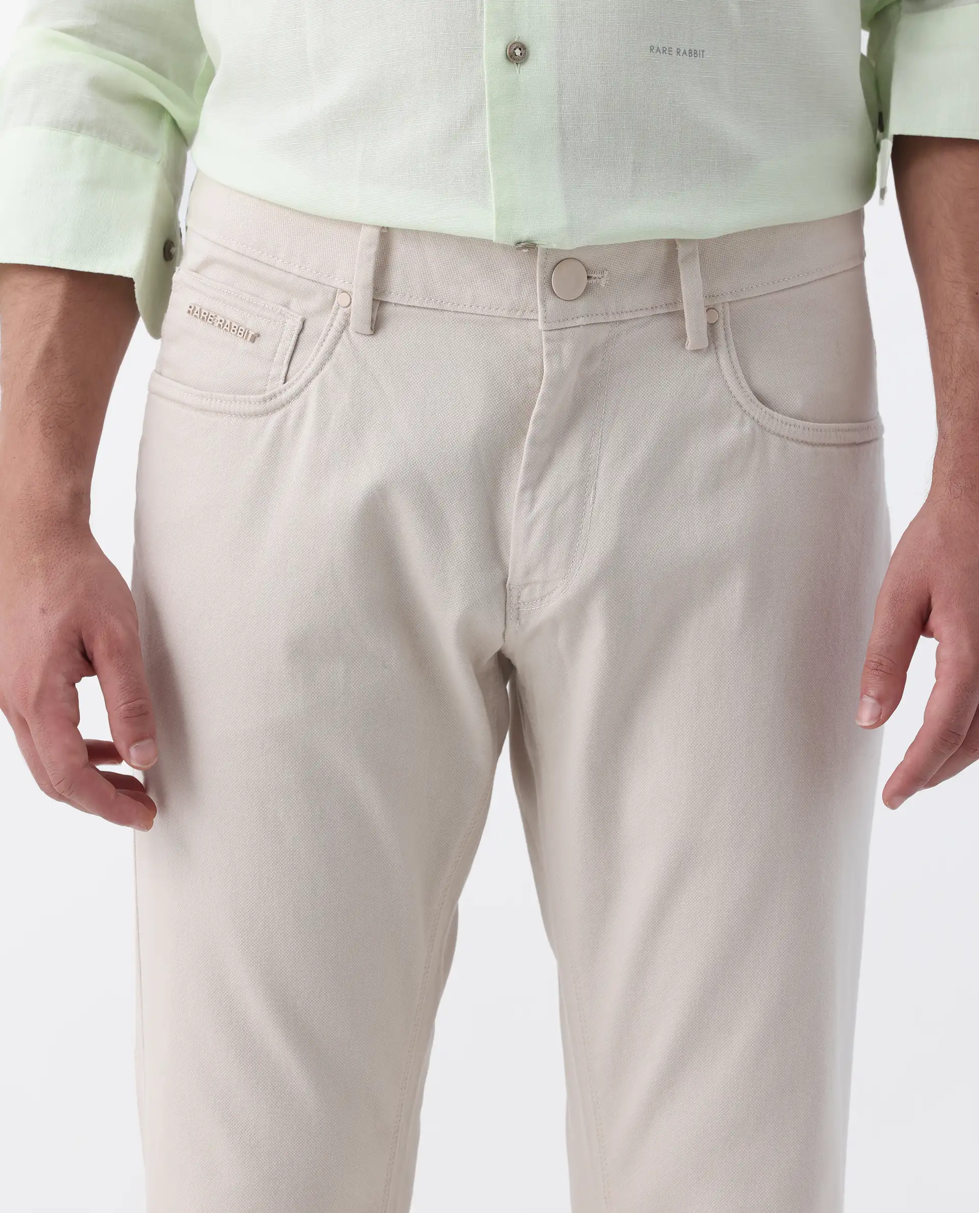Rare Rabbit Men's Spoke 24 Light Beige Cotton Blend Plain Regular Fit Trouser - Image 6