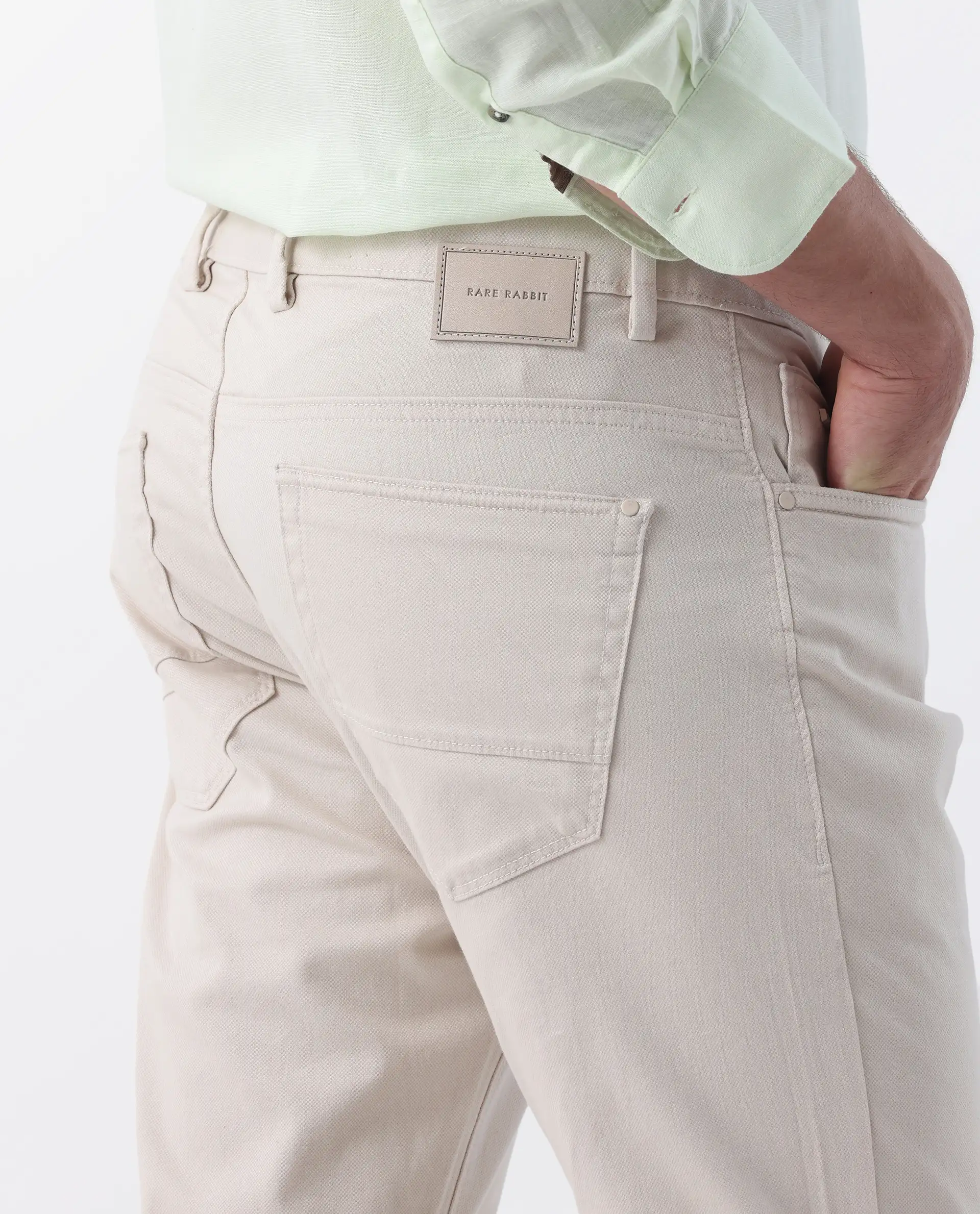 Rare Rabbit Men's Spoke 24 Light Beige Cotton Blend Plain Regular Fit Trouser - Image 7