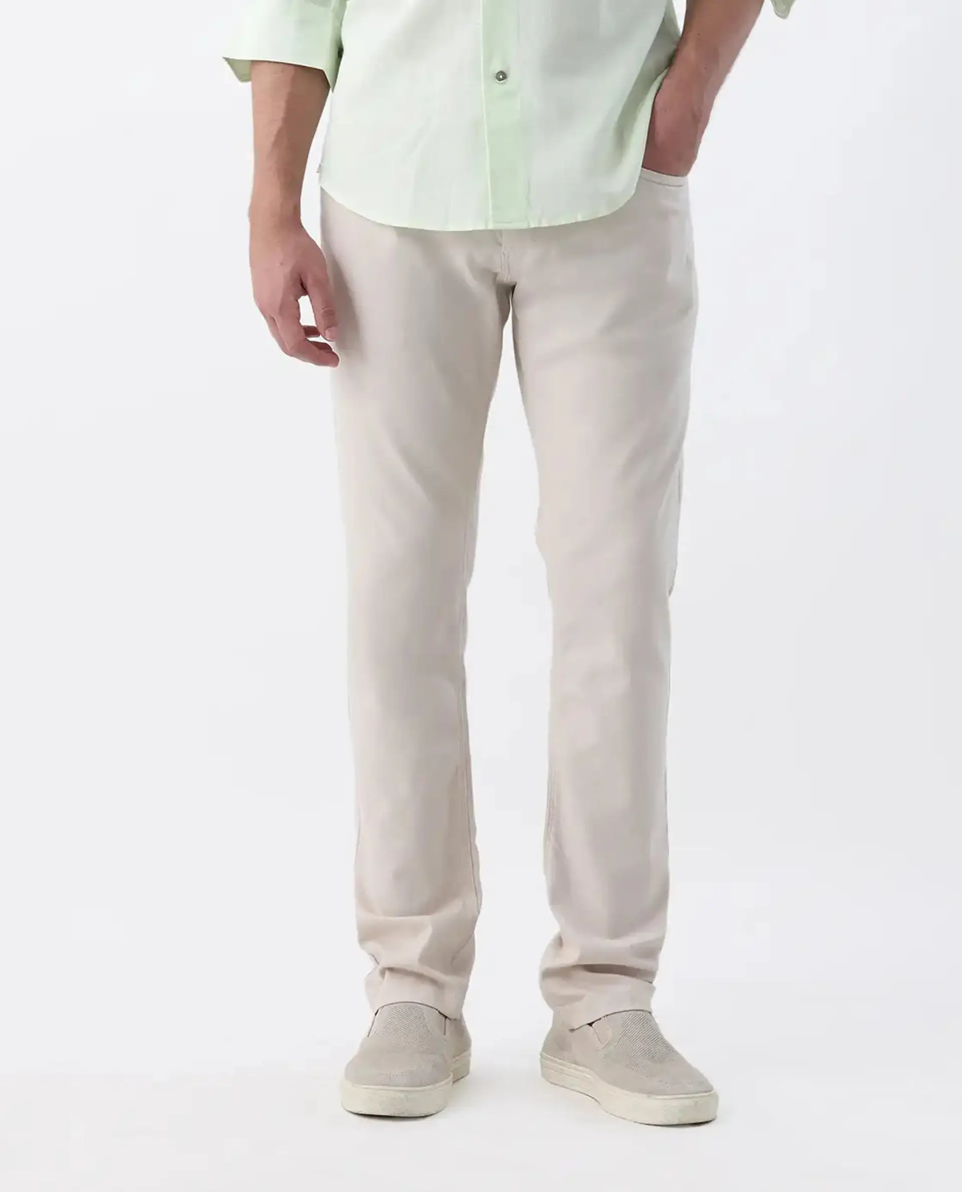 Rare Rabbit Men's Spoke 24 Light Beige Cotton Blend Plain Regular Fit Trouser - Image 8