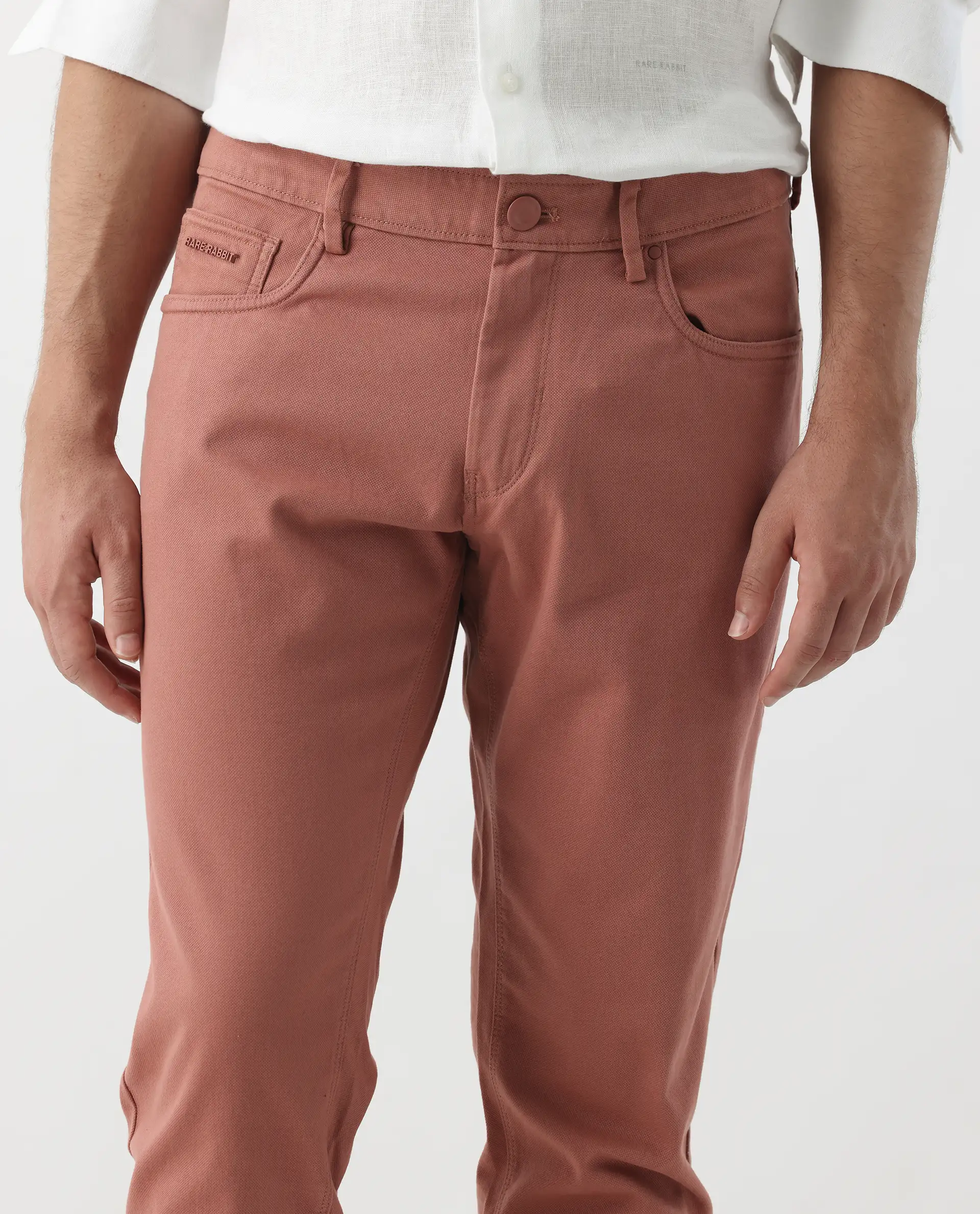 Rare Rabbit Men's Spoke 24 Rust Cotton Blend Plain Regular Fit Trouser - Image 3
