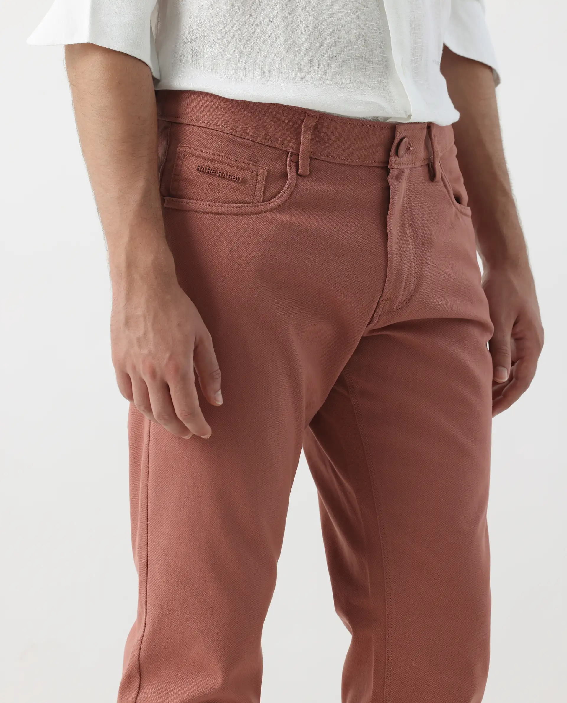 Rare Rabbit Men's Spoke 24 Rust Cotton Blend Plain Regular Fit Trouser - Image 7