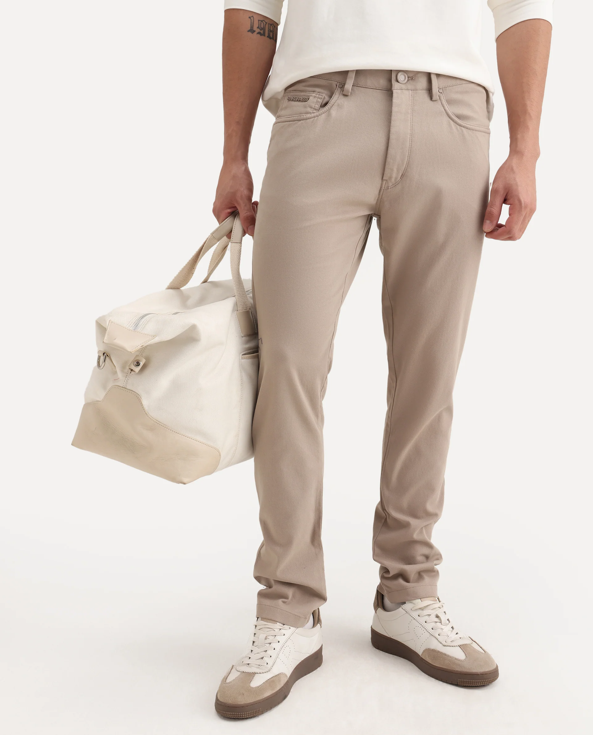 Rare Rabbit Men's Spoke-Aw25 Beige Cotton Blend Plain Regular Fit Trouser - Image 2