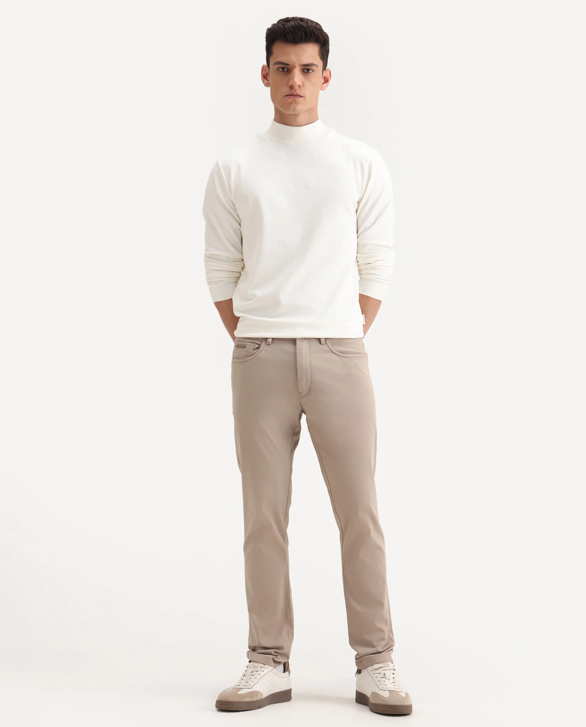 Rare Rabbit Men's Spoke-Aw25 Beige Cotton Blend Plain Regular Fit Trouser - Image 3