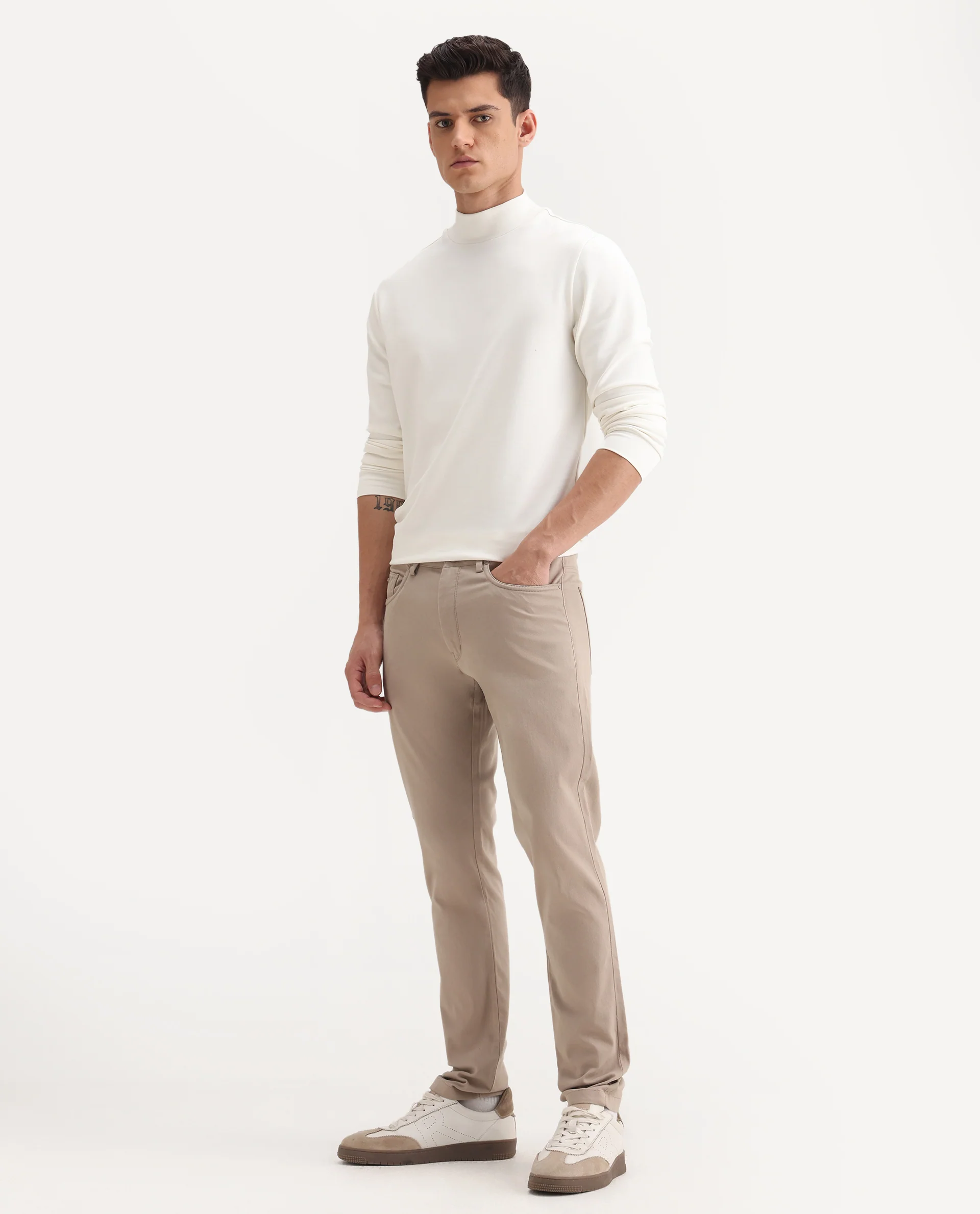 Rare Rabbit Men's Spoke-Aw25 Beige Cotton Blend Plain Regular Fit Trouser - Image 5