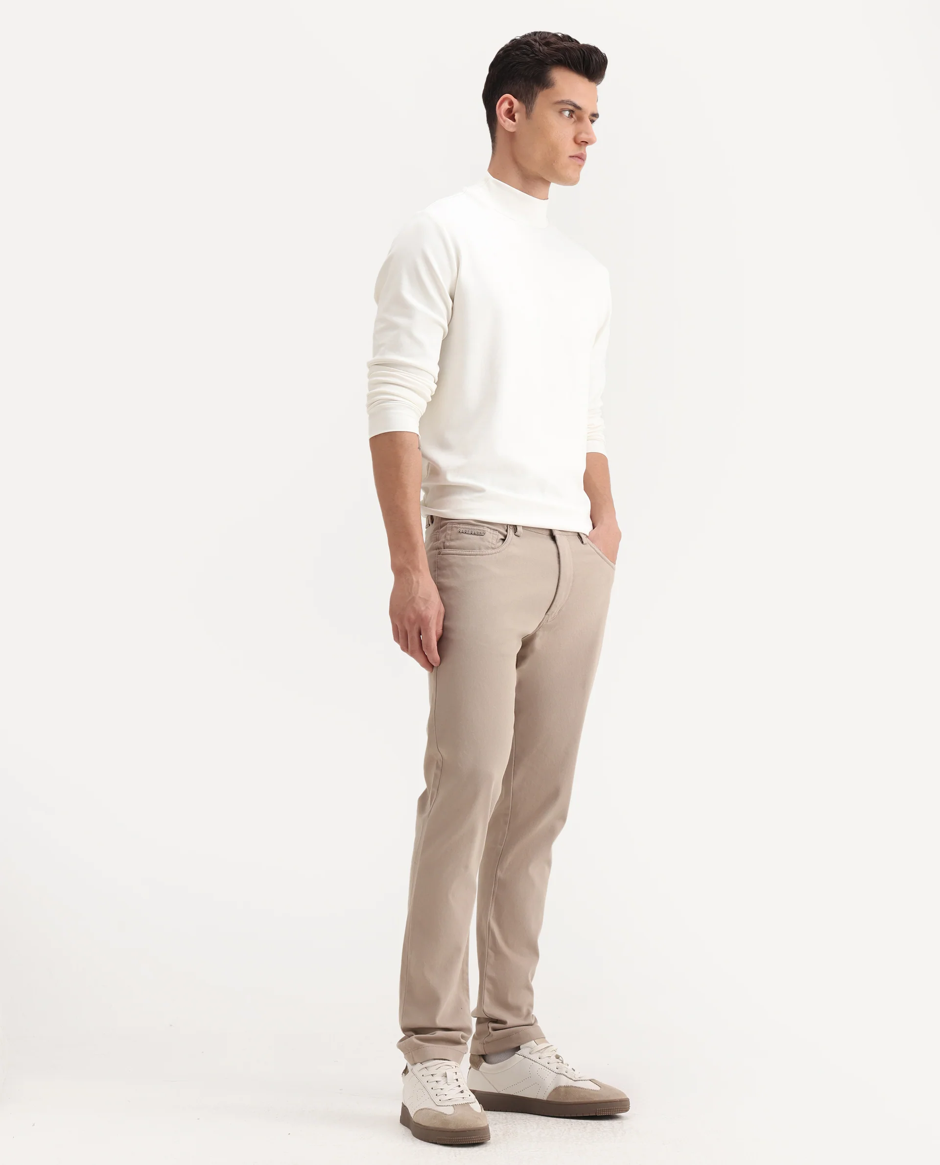 Rare Rabbit Men's Spoke-Aw25 Beige Cotton Blend Plain Regular Fit Trouser - Image 7