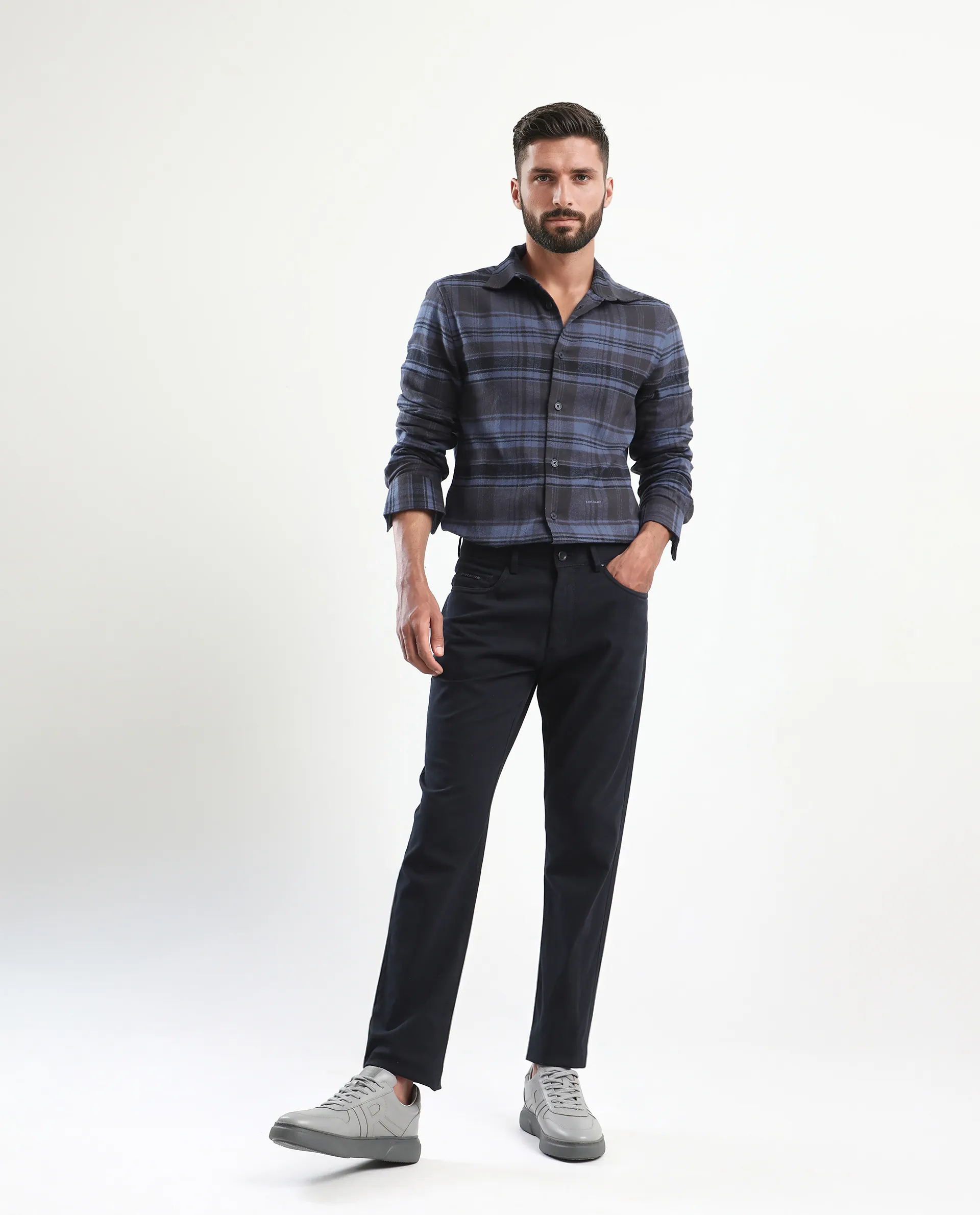 Rare Rabbit Men's Spoke-Aw25 Navy Cotton Blend Plain Regular Fit Trouser