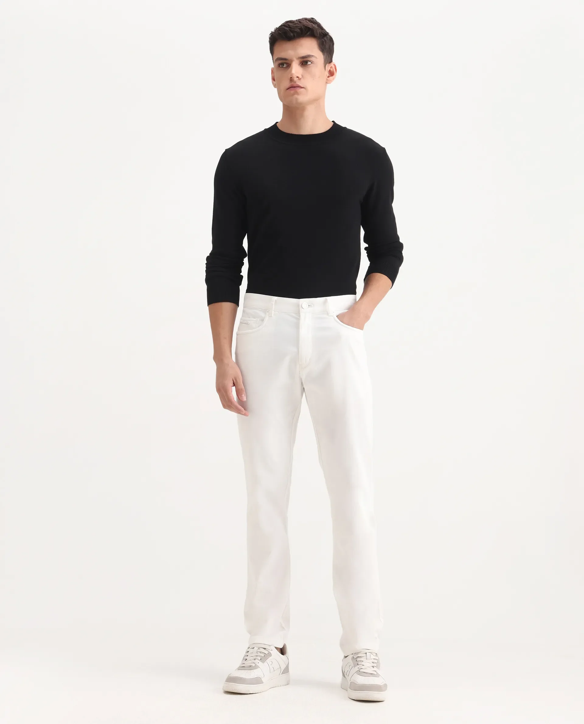 Rare Rabbit Men's Spoke-Aw25 White Cotton Blend Plain Regular Fit Trouser - Image 4