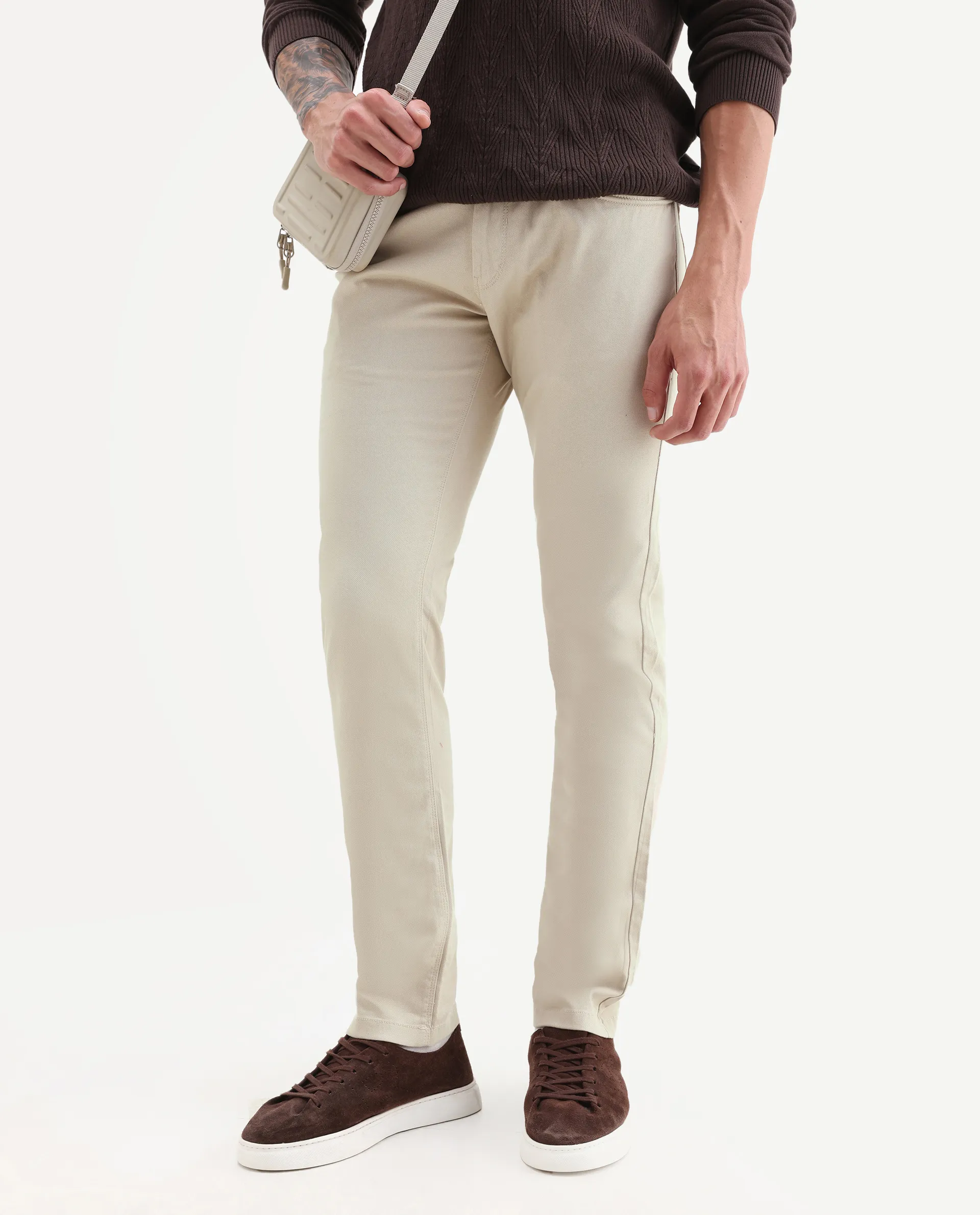 Rare Rabbit Men's Spoke Beige Cotton Plain Regular Fit Trouser - Image 2
