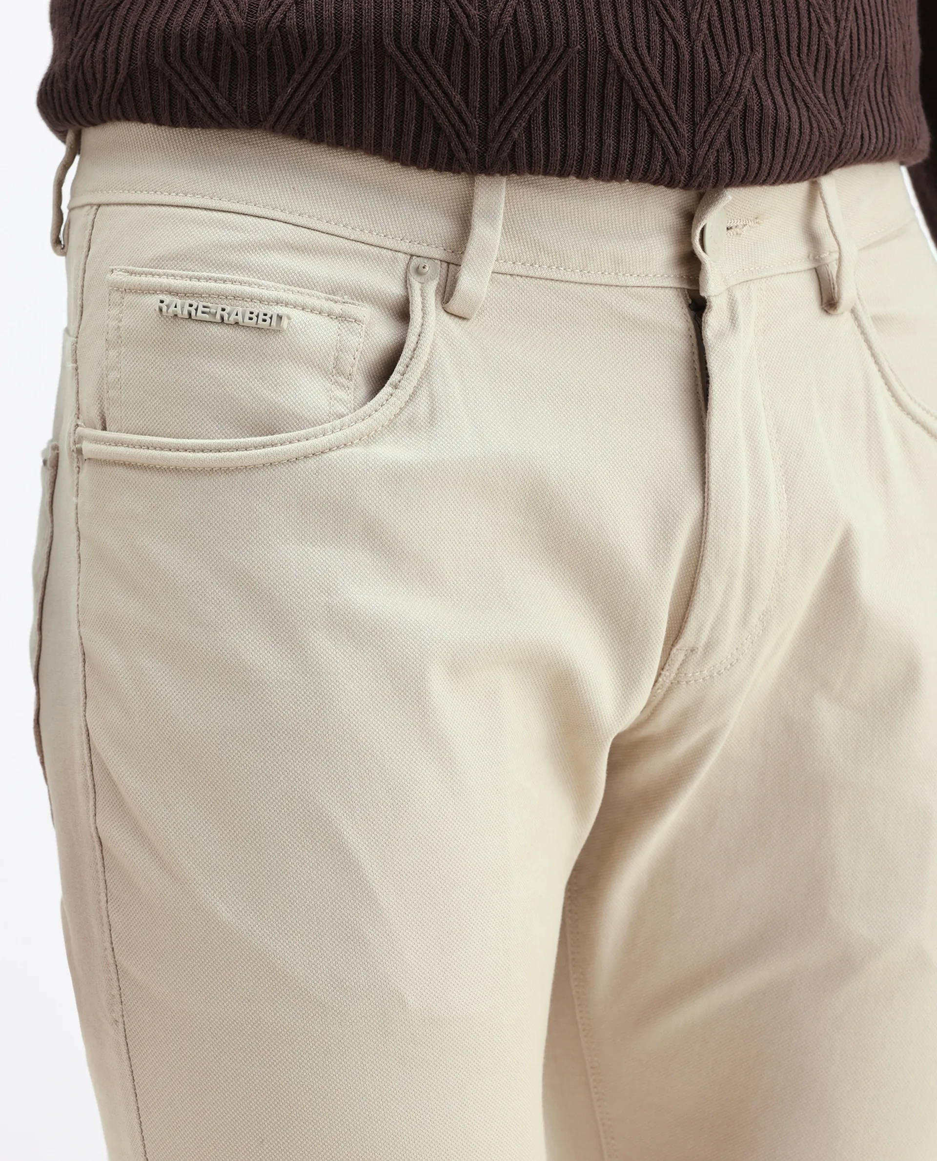 Rare Rabbit Men's Spoke Beige Cotton Plain Regular Fit Trouser - Image 3