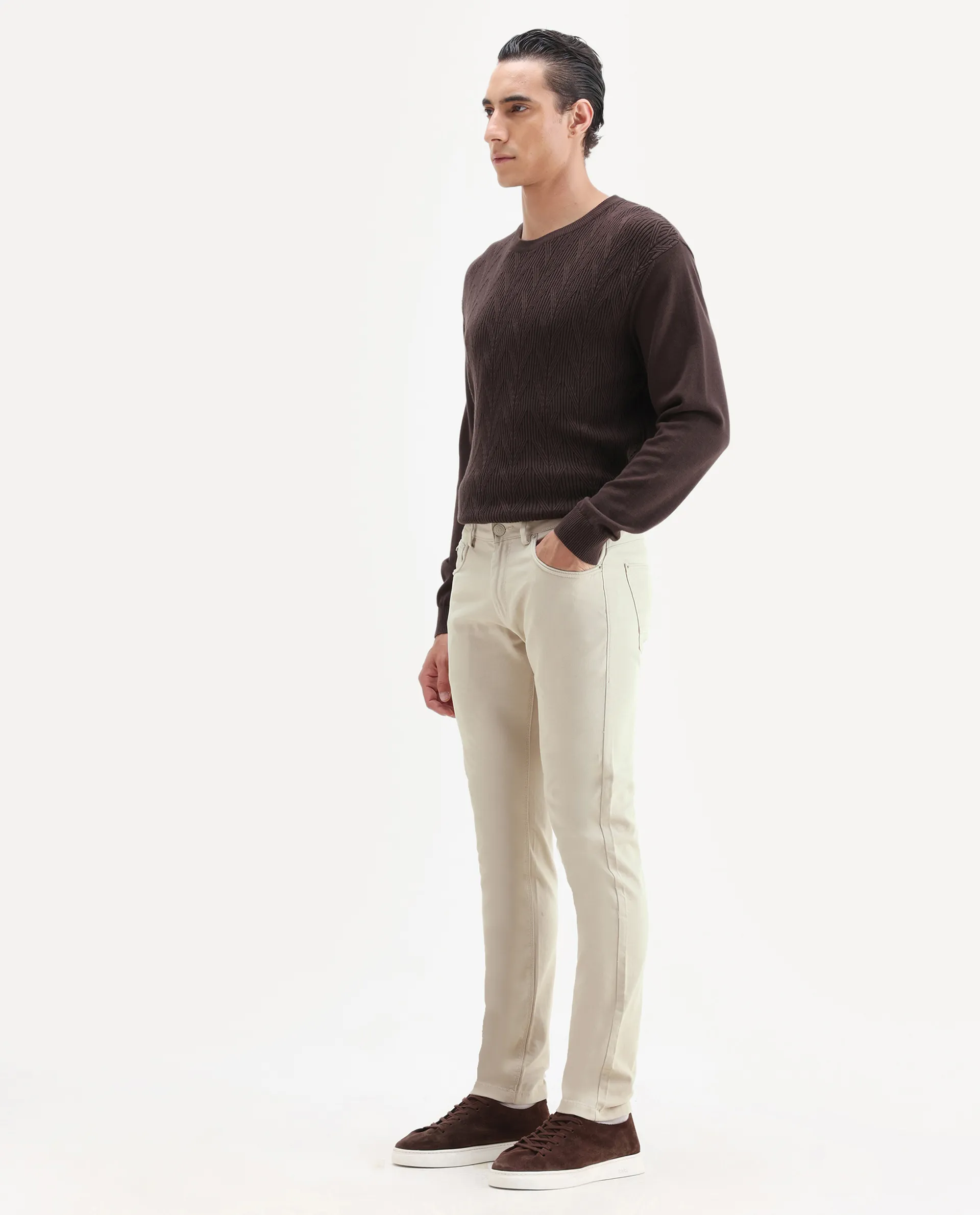 Rare Rabbit Men's Spoke Beige Cotton Plain Regular Fit Trouser - Image 4