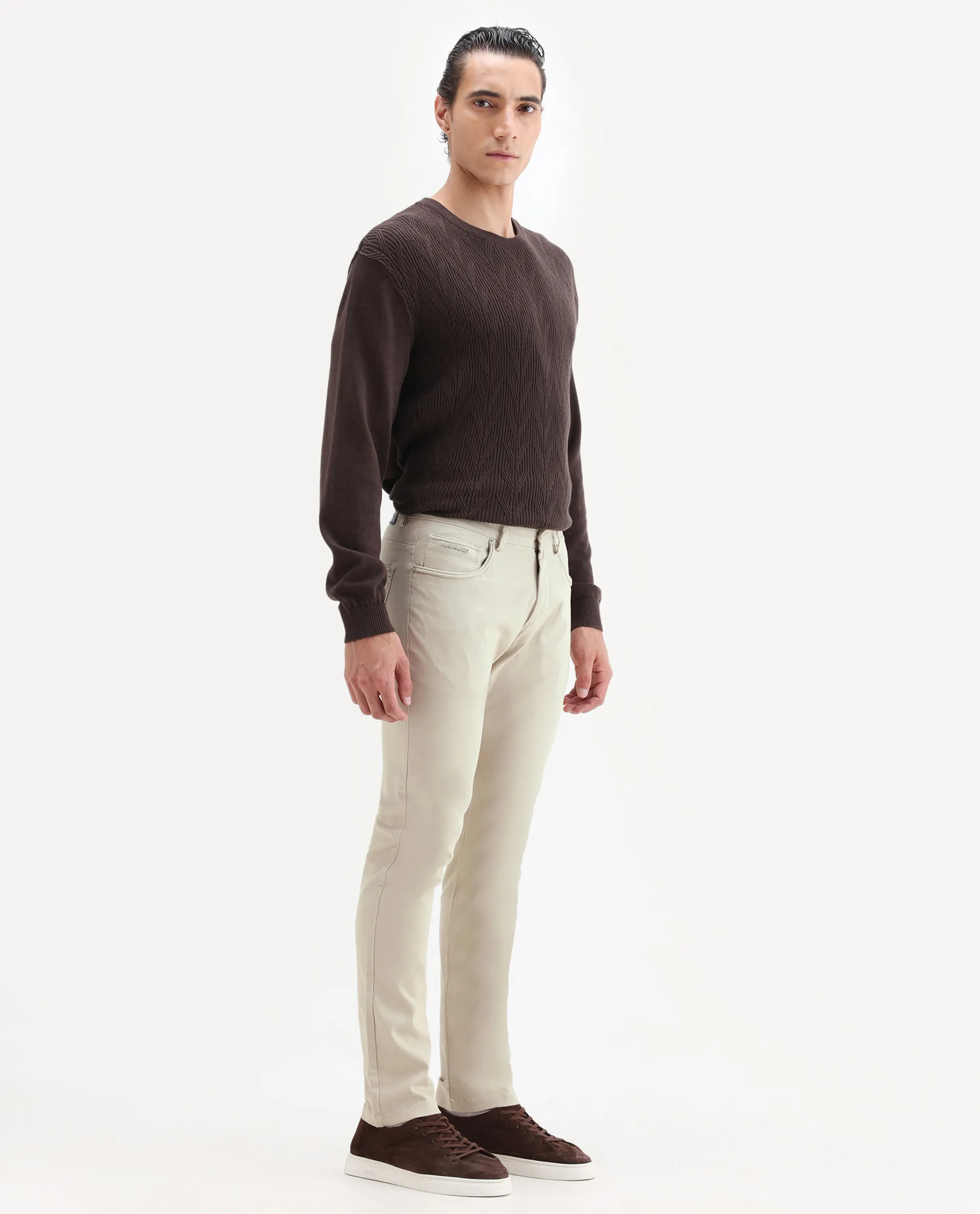 Rare Rabbit Men's Spoke Beige Cotton Plain Regular Fit Trouser - Image 5