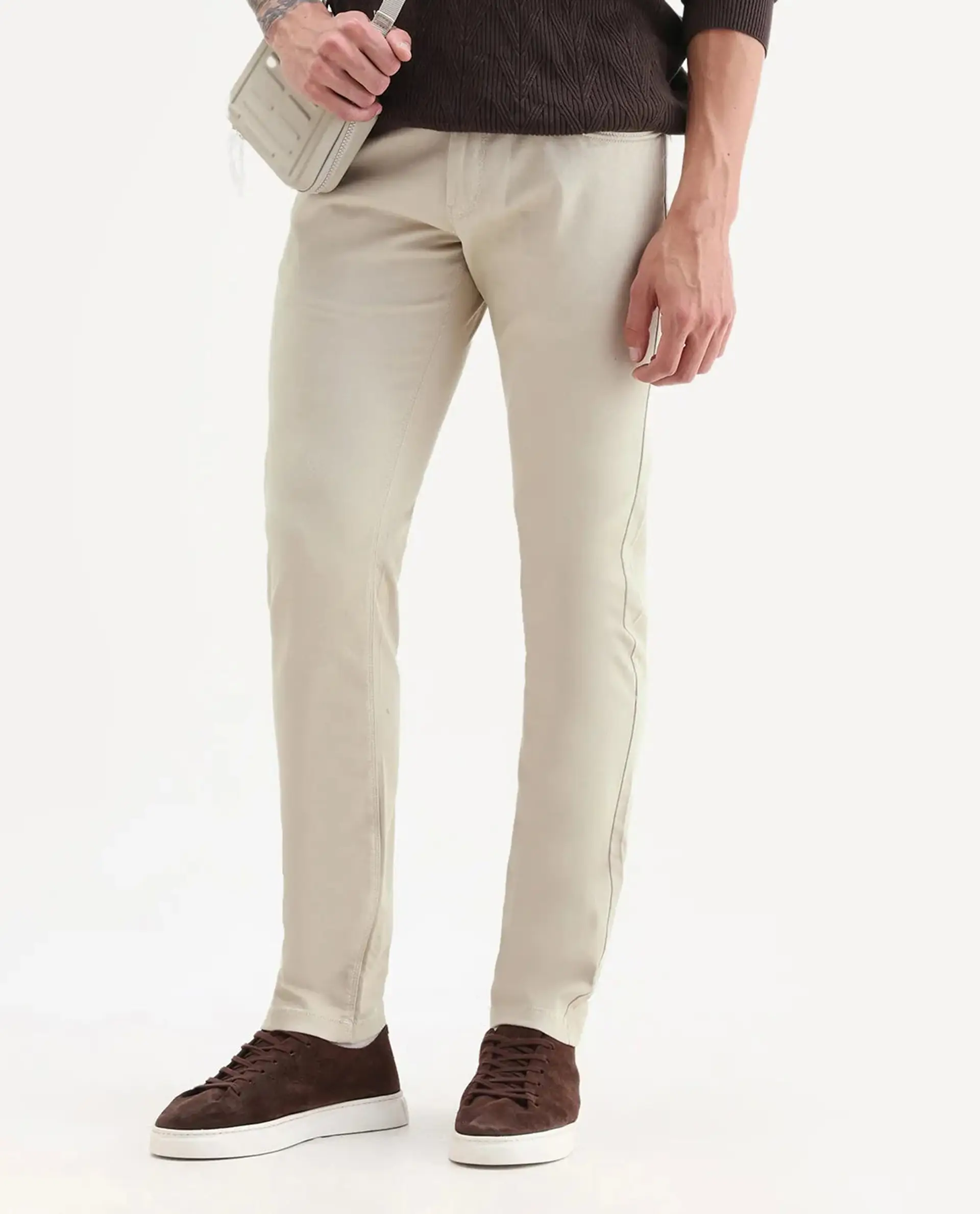 Rare Rabbit Men's Spoke Beige Cotton Plain Regular Fit Trouser - Image 9