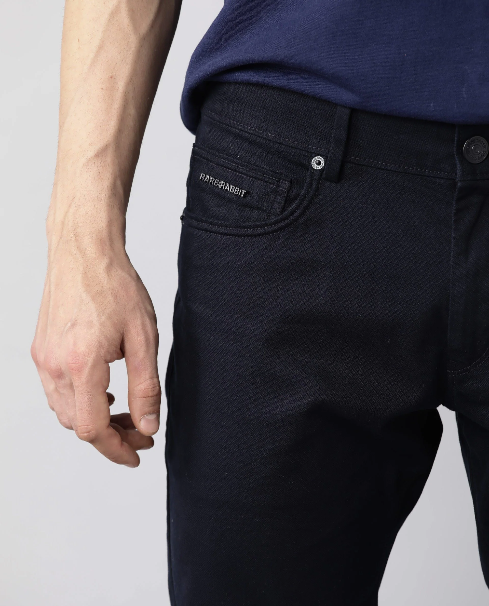 Rare Rabbit Men's Spoke Navy Cotton Plain Regular Fit Trouser