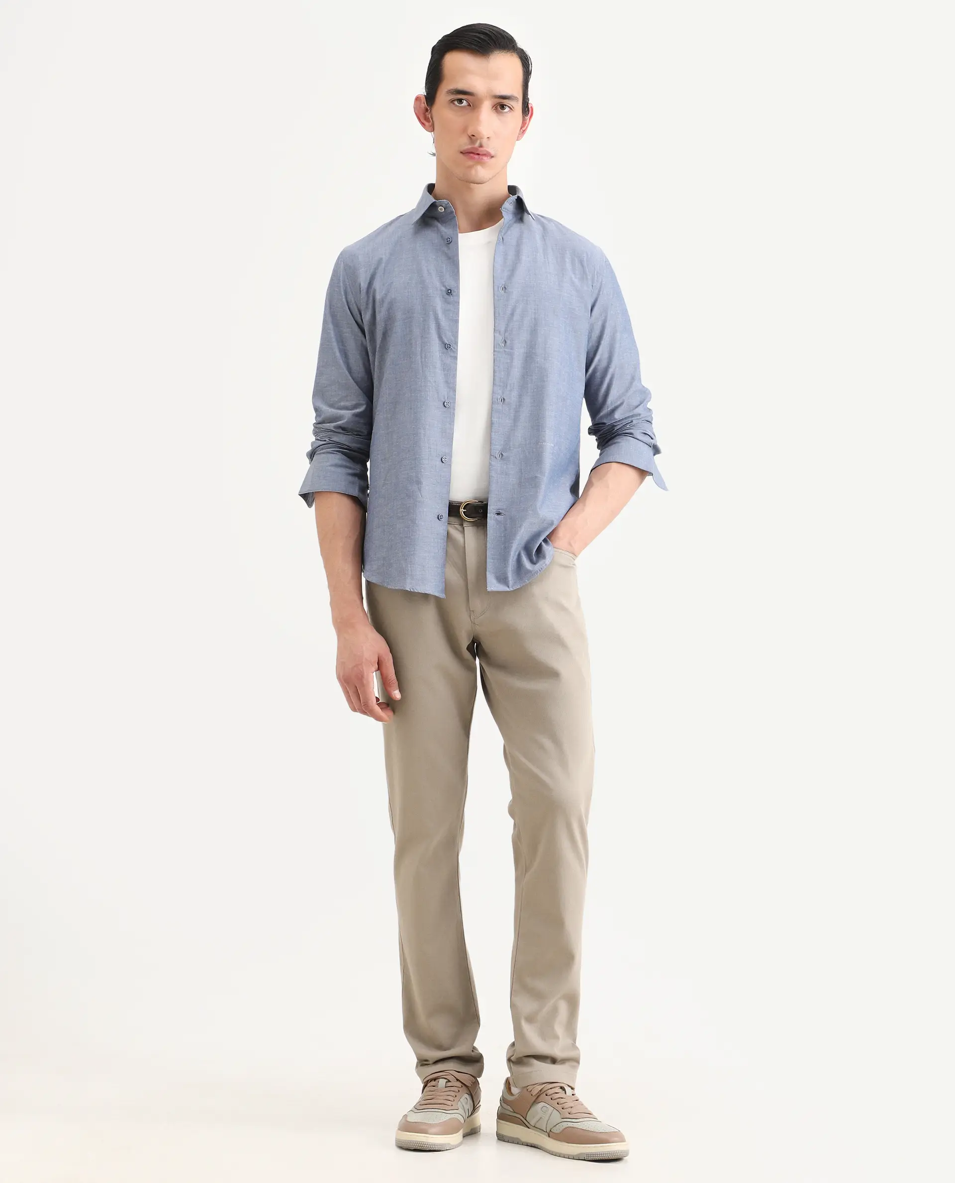 Rare Rabbit Men's Spoke-Ss26 Beige Cotton Blend Fabric Regular Fit Plain Trouser - Image 4