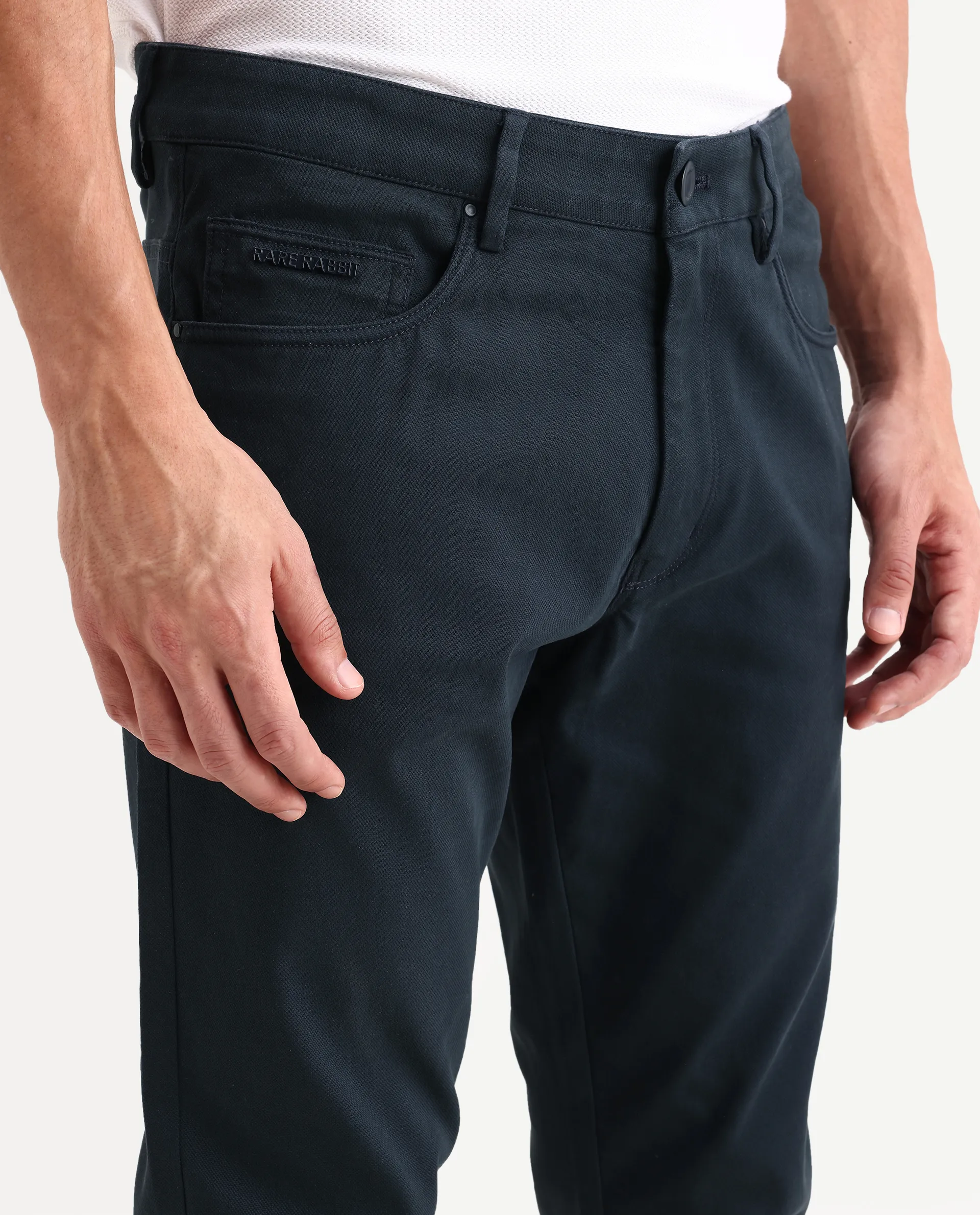 Rare Rabbit Men's Spoke-Ss26 Navy Cotton Blend Fabric Regular Fit Plain Trouser - Image 3