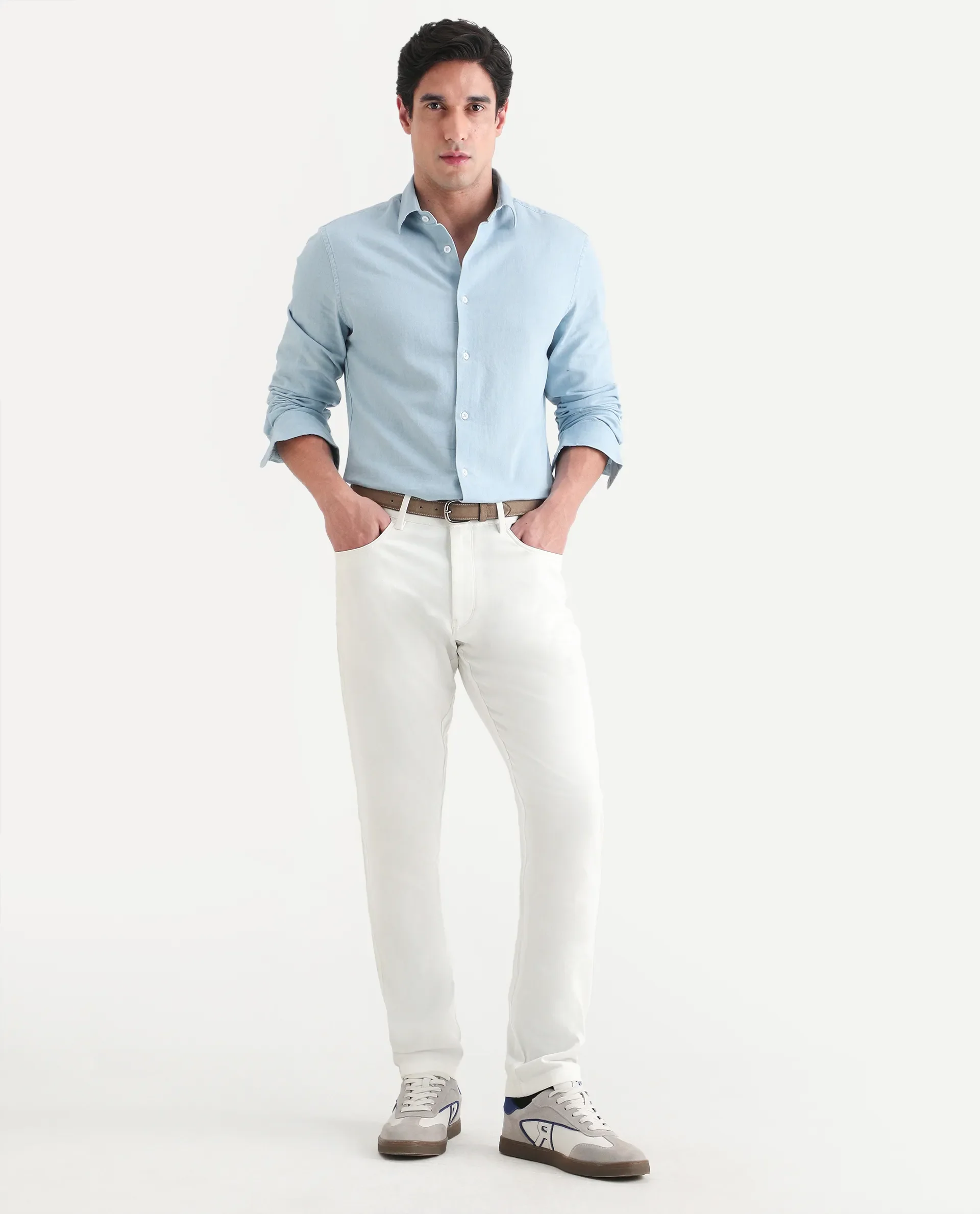 Rare Rabbit Men's Spoke-Ss26 White Cotton Blend Fabric Regular Fit Plain Trouser - Image 5