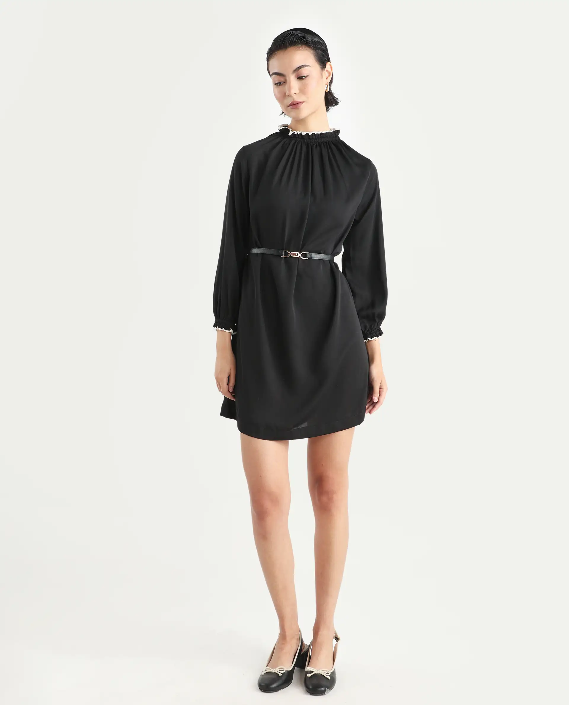Rareism Women's Spoke Black Polyester Crew Neck Plain Knee Length Relaxed Fit Dress - Image 2
