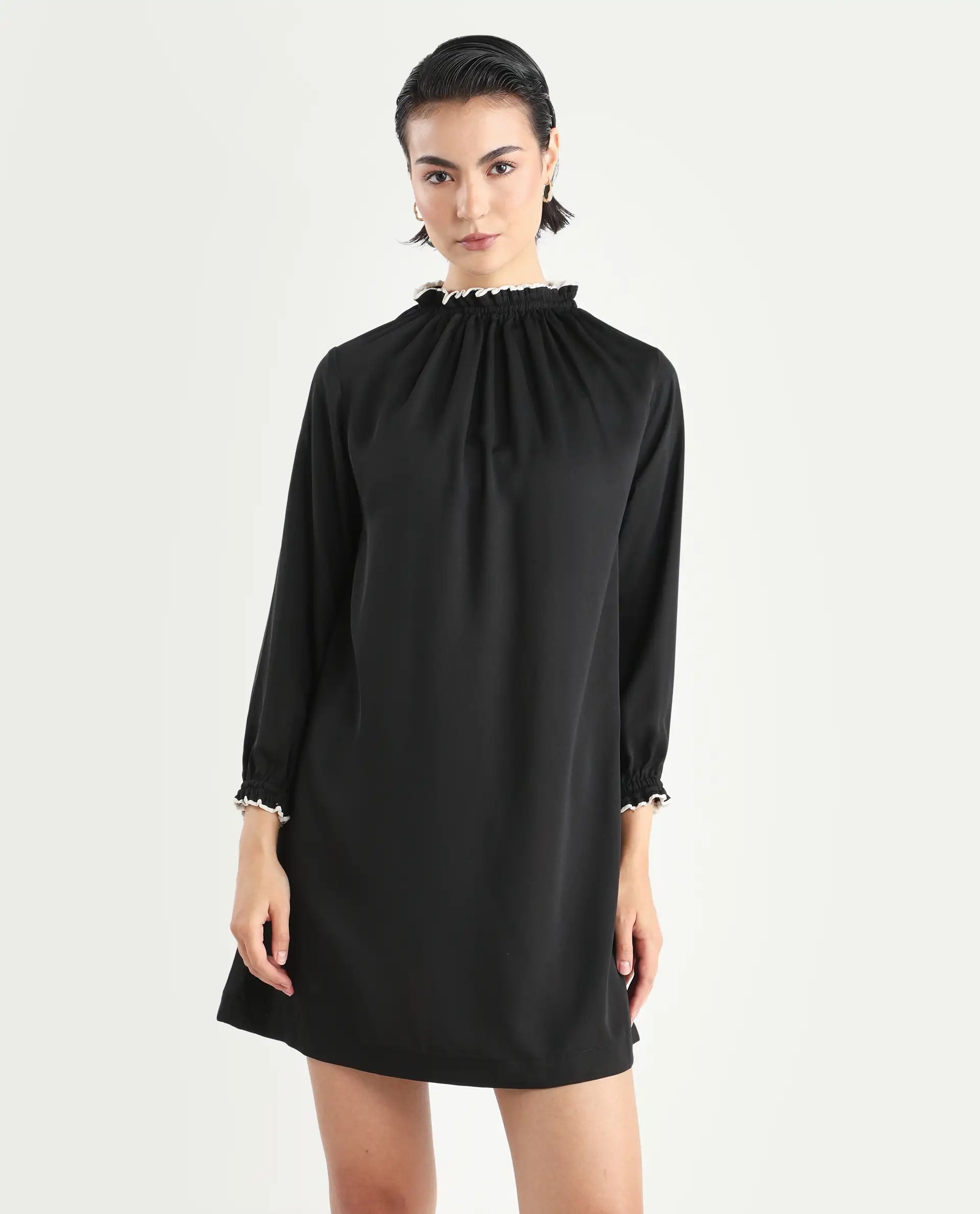 Rareism Women's Spoke Black Polyester Crew Neck Plain Knee Length Relaxed Fit Dress - Image 3