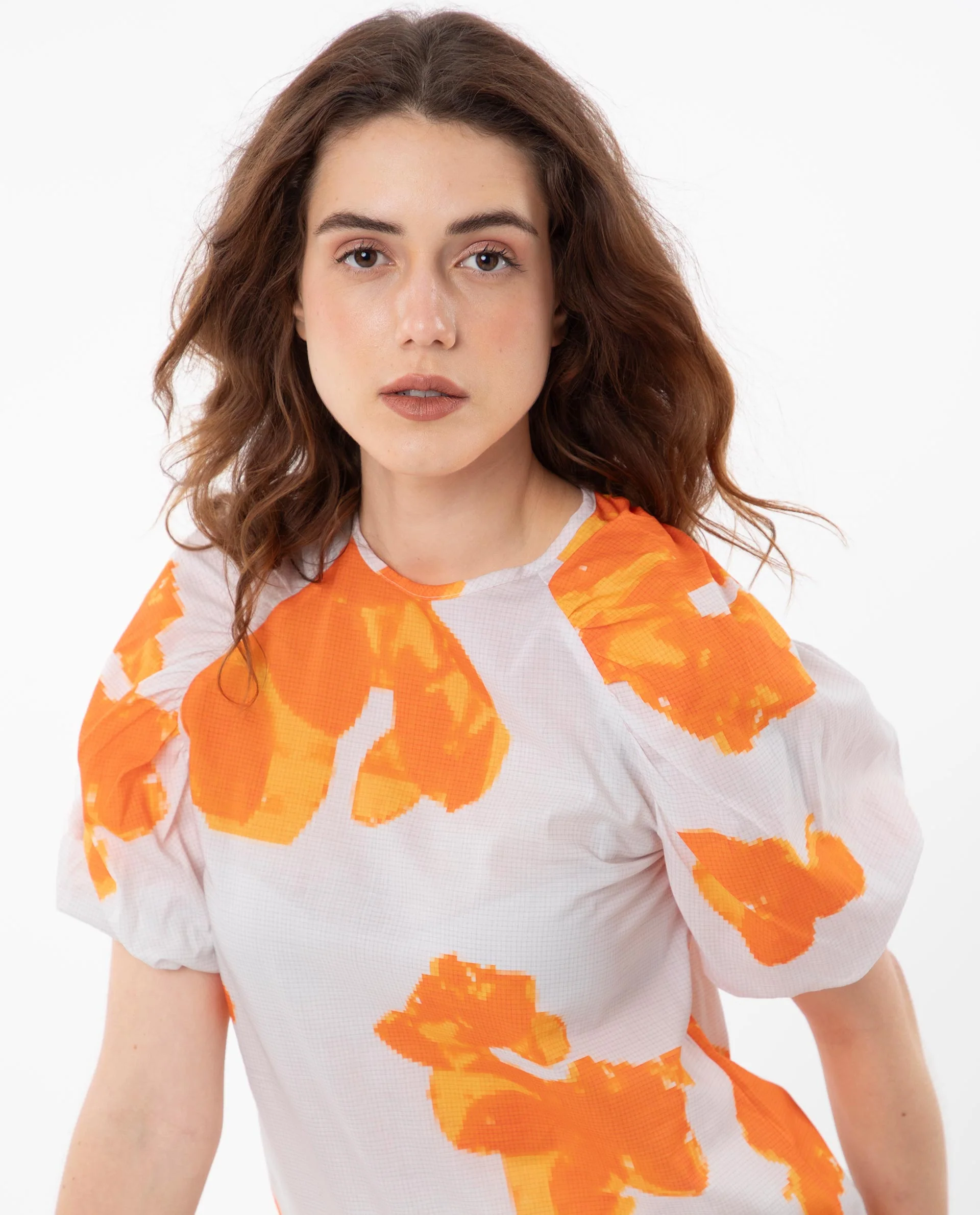 Rareism Women's Sporn Orange Cotton Crew Neck Floral Print Puff Sleeves Regular Fit Top - Image 2