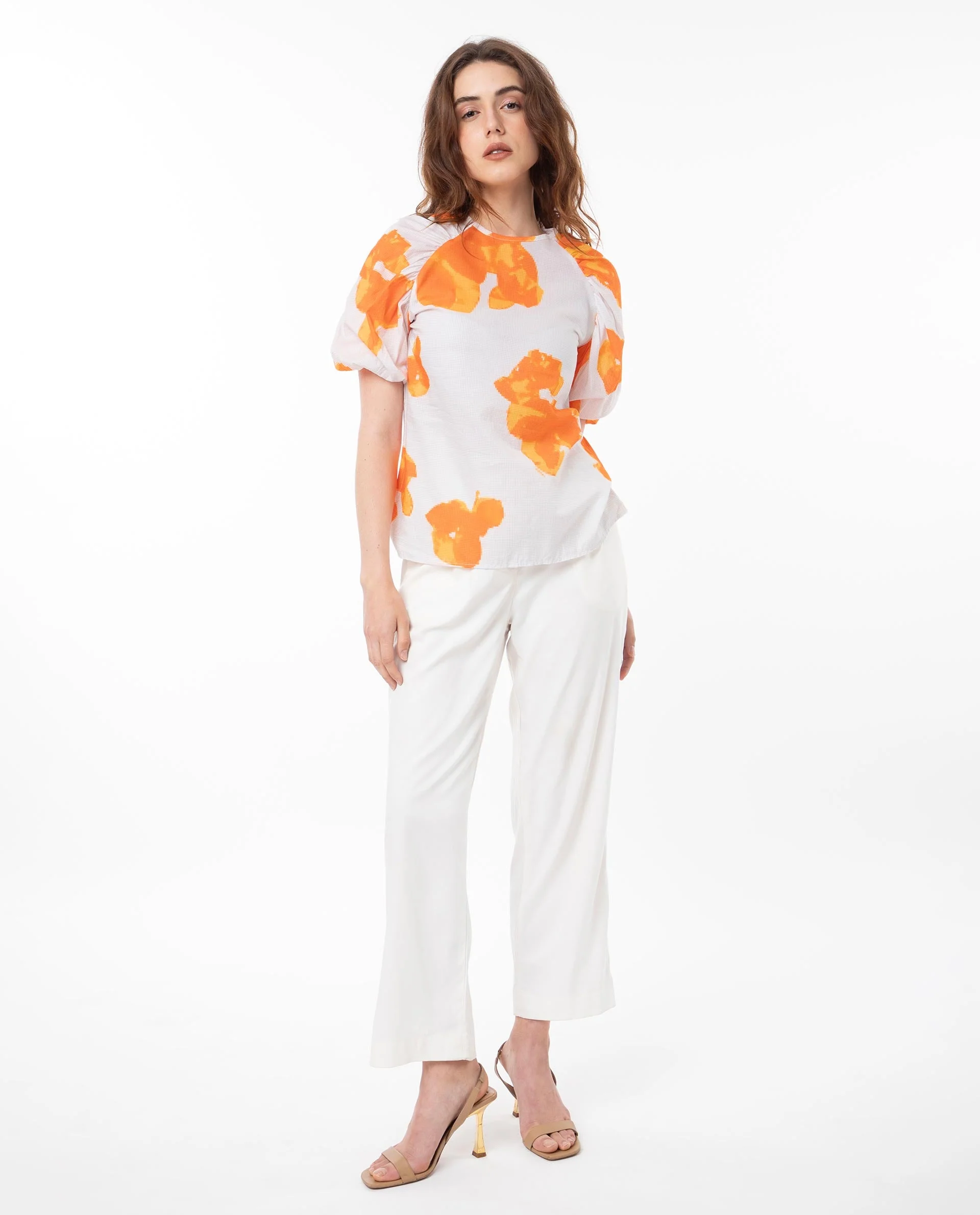 Rareism Women's Sporn Orange Cotton Crew Neck Floral Print Puff Sleeves Regular Fit Top - Image 4